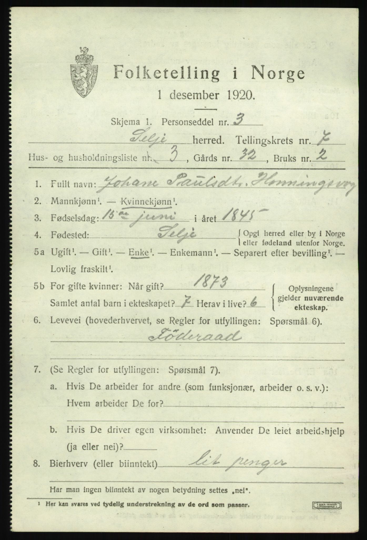 SAB, Folketelling 1920 for 1441 Selje herred, 1920, s. 3619