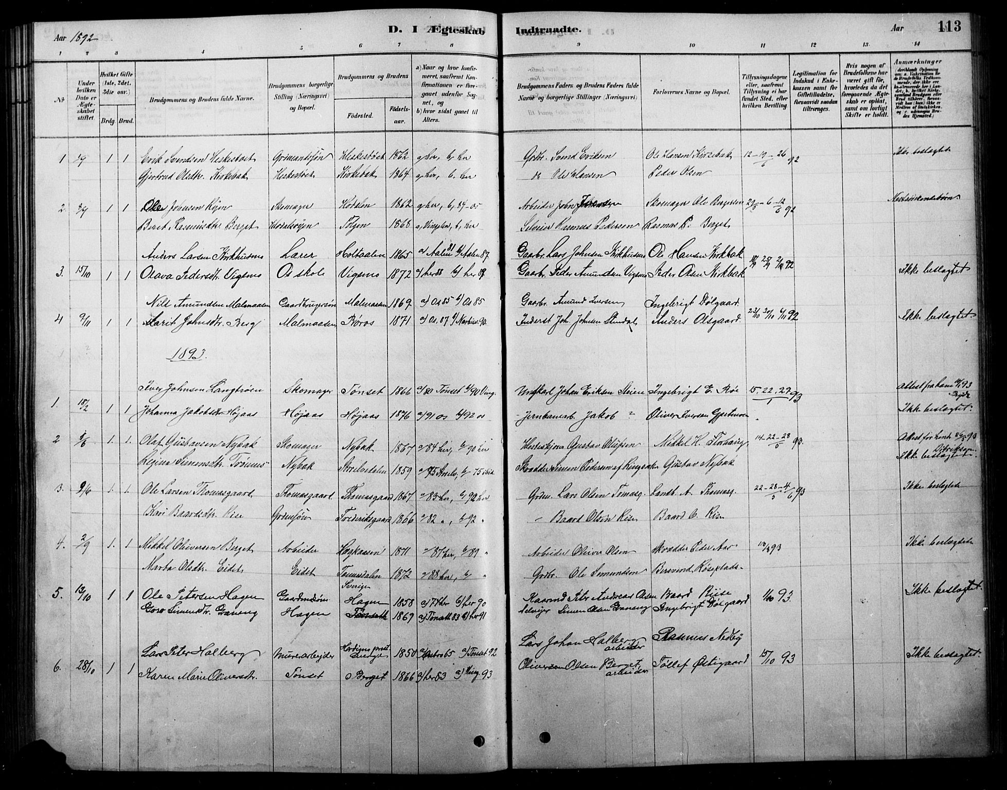 Tolga prestekontor, AV/SAH-PREST-062/L/L0007: Klokkerbok nr. 7, 1878-1919, s. 113