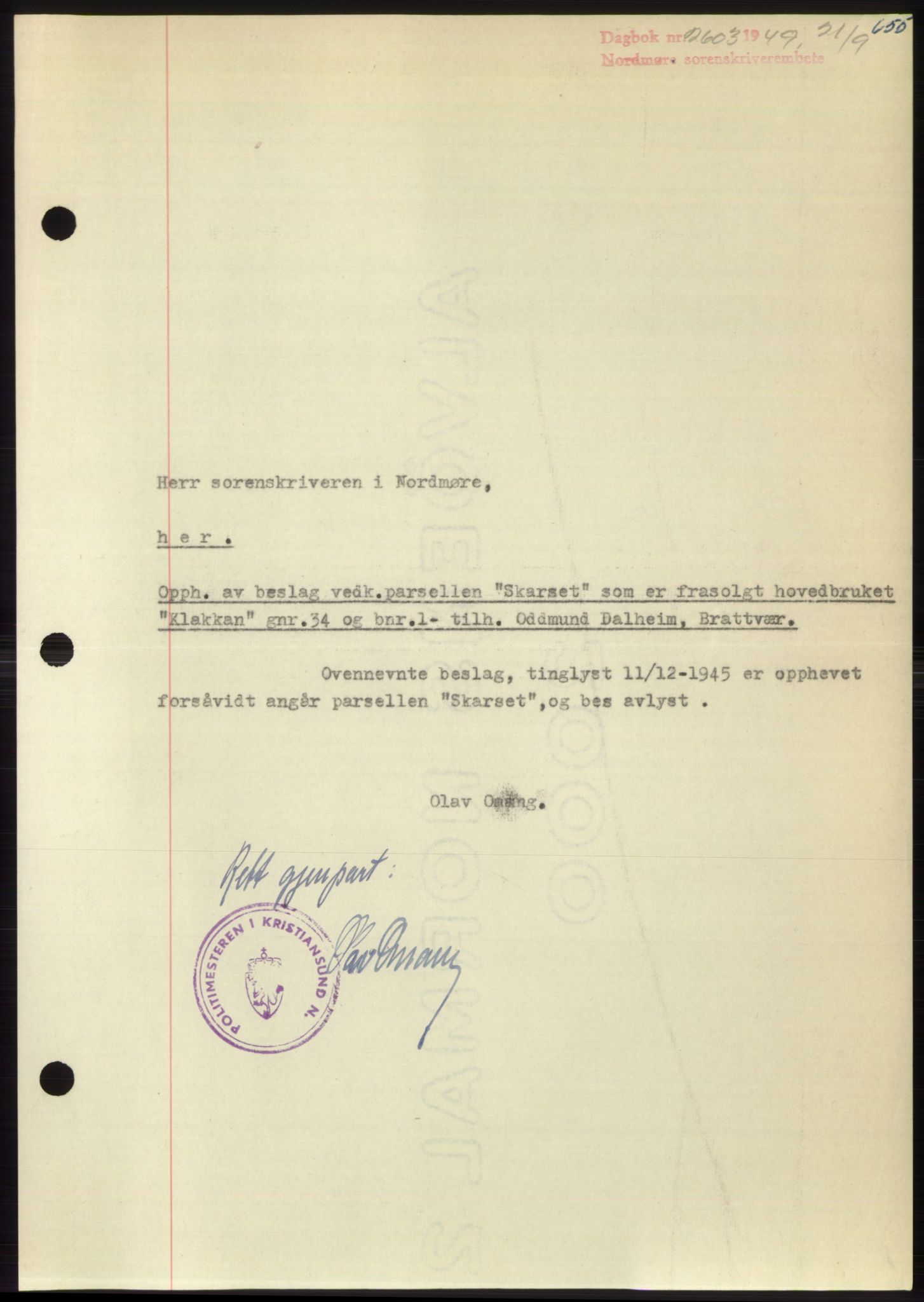 Nordmøre sorenskriveri, SAT/A-4132/1/2/2Ca: Pantebok nr. B102, 1949-1949, Dagboknr: 2603/1949