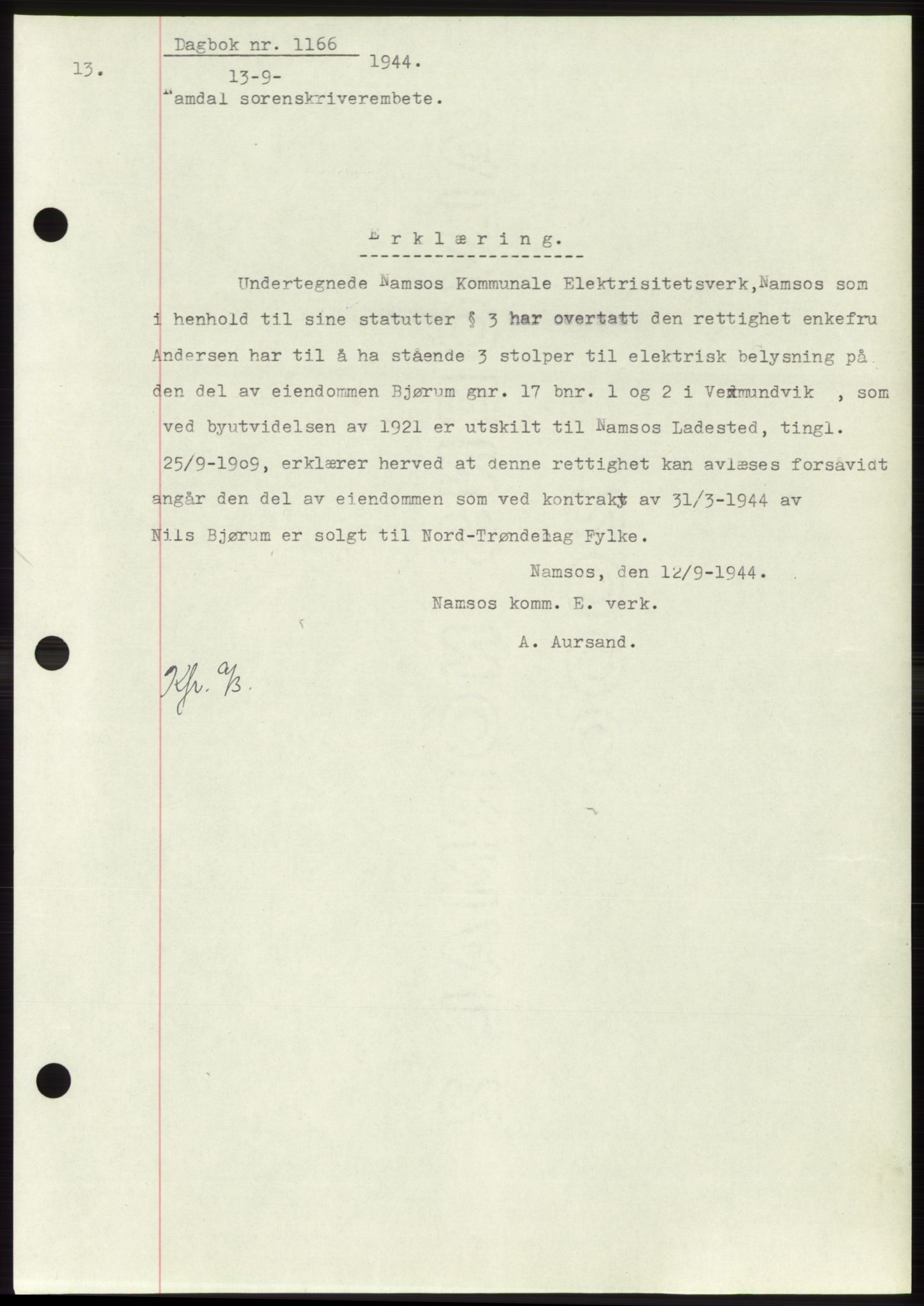 Namdal sorenskriveri, SAT/A-4133/1/2/2C: Pantebok nr. -, 1944-1945, Dagboknr: 1166/1944