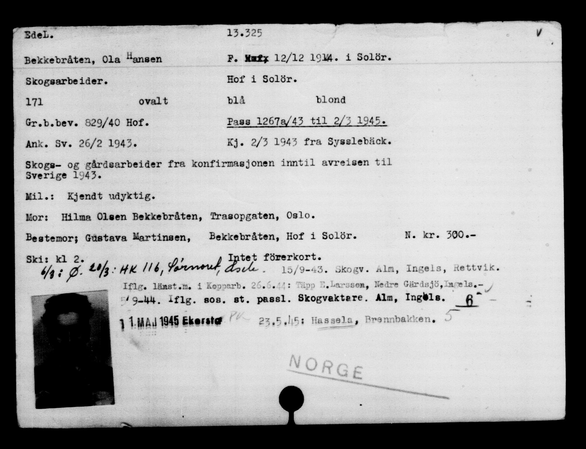 Den Kgl. Norske Legasjons Flyktningskontor, AV/RA-S-6753/V/Va/L0007: Kjesäterkartoteket.  Flyktningenr. 12700-15723, 1940-1945, s. 713