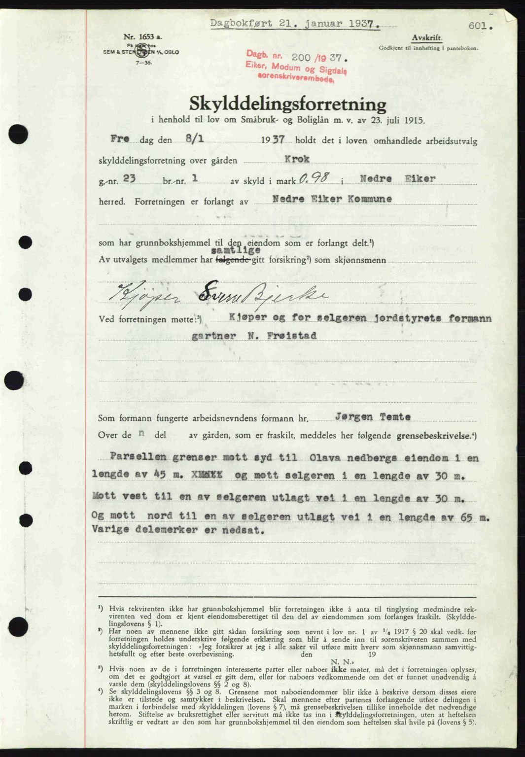 Eiker, Modum og Sigdal sorenskriveri, SAKO/A-123/G/Ga/Gab/L0034: Pantebok nr. A4, 1936-1937, Dagboknr: 200/1937