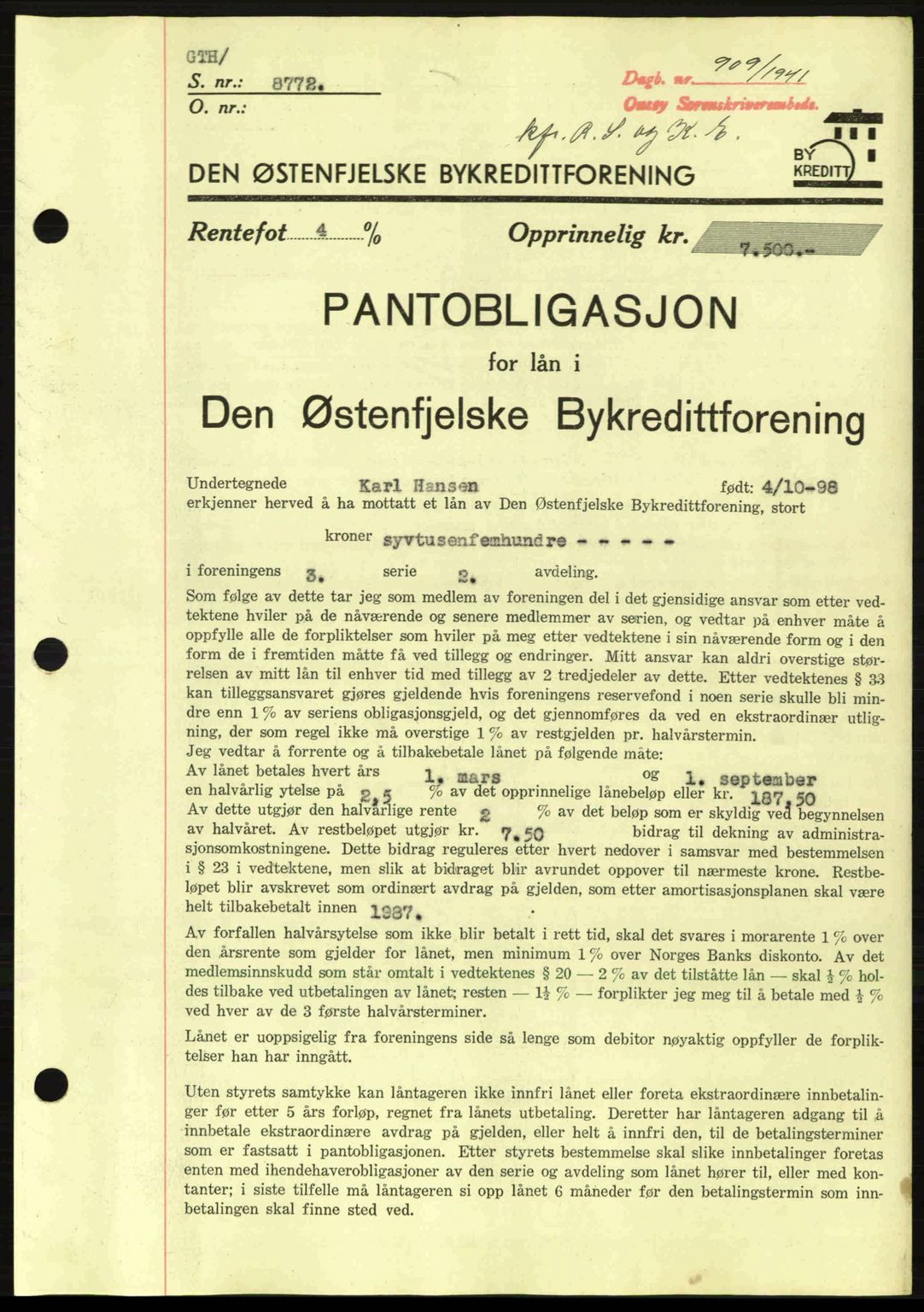 Onsøy sorenskriveri, SAO/A-10474/G/Ga/Gac/L0003: Pantebok nr. B3, 1940-1944, Dagboknr: 909/1941