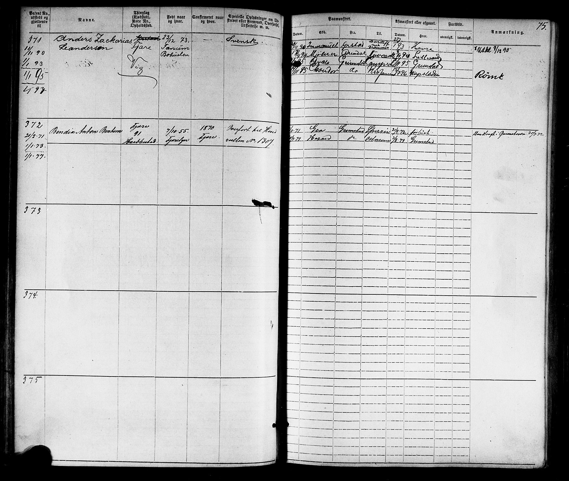 Grimstad mønstringskrets, AV/SAK-2031-0013/F/Fa/L0005: Annotasjonsrulle nr 1-1910 med register, V-18, 1870-1892, s. 98