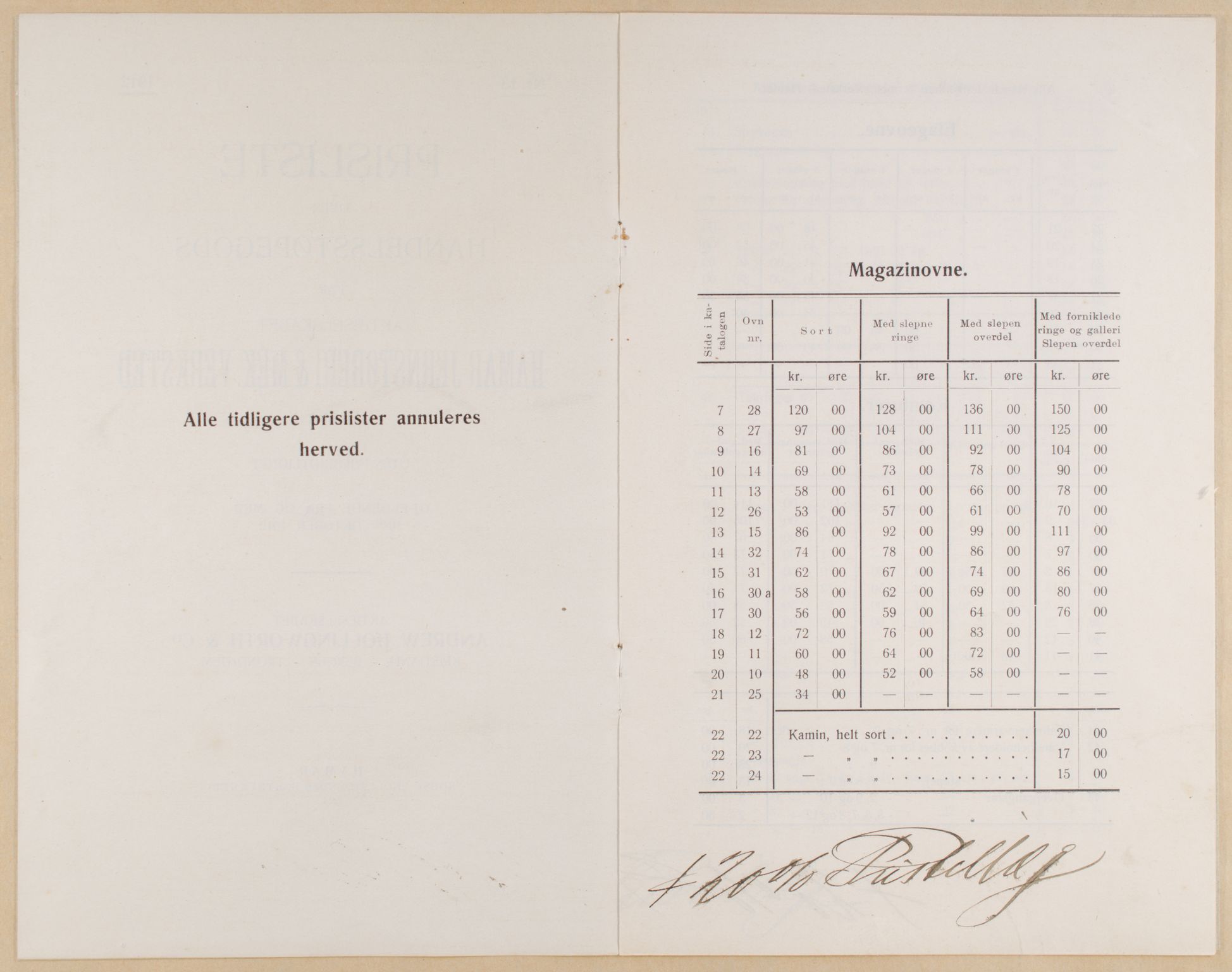 Næs Jernverksmuseets samling av historiske ovnskataloger, NESJ/NJM-006/01/L0011: Hamar Jernstøberi & Mek. Versted, Katalog nr. 12, Prisliste nr. 13, 1914