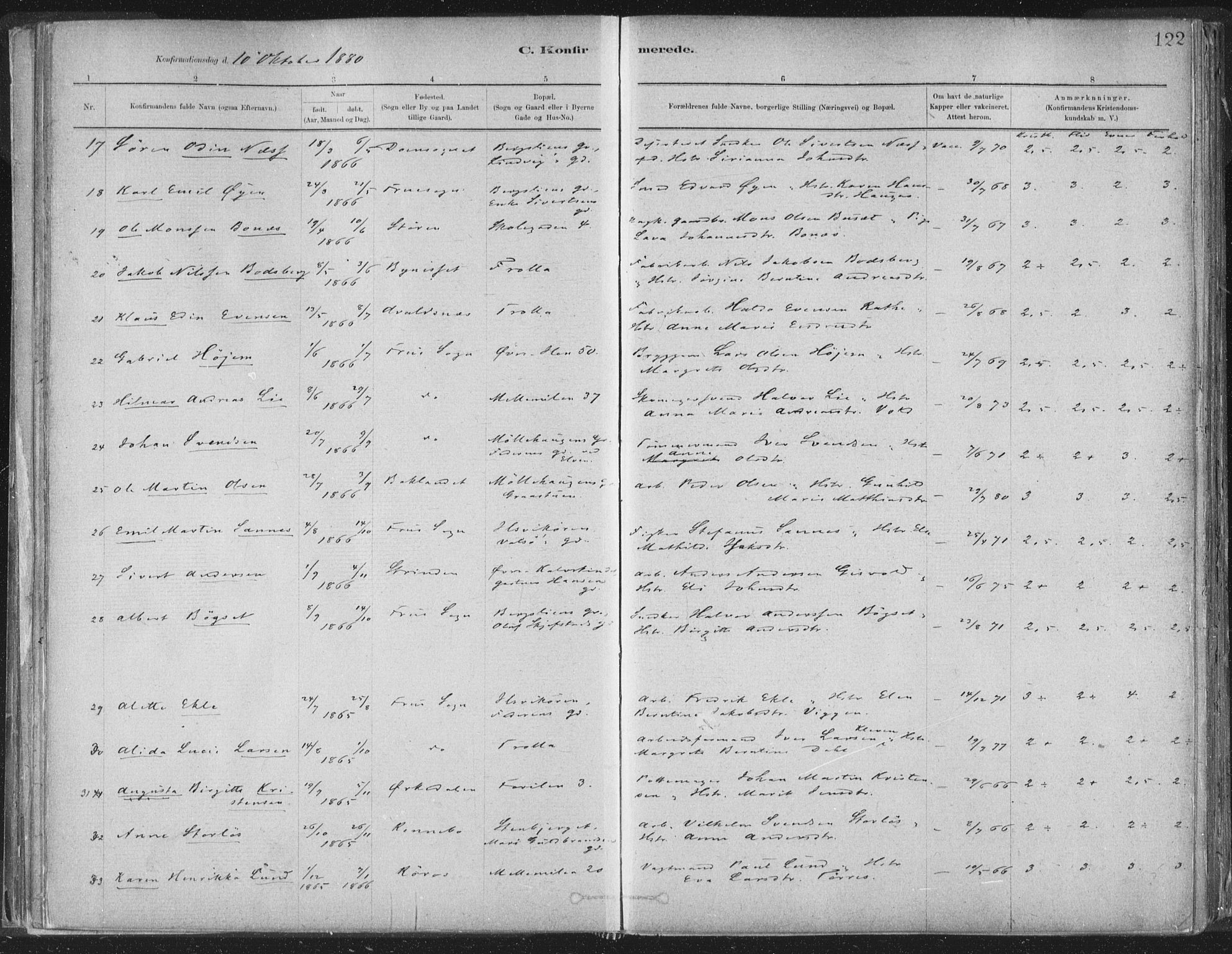 Ministerialprotokoller, klokkerbøker og fødselsregistre - Sør-Trøndelag, SAT/A-1456/603/L0162: Ministerialbok nr. 603A01, 1879-1895, s. 122