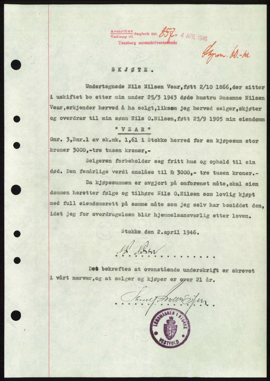 Jarlsberg sorenskriveri, SAKO/A-131/G/Ga/Gaa/L0018b: Pantebok nr. A-18b, 1946-1946, Dagboknr: 857/1946
