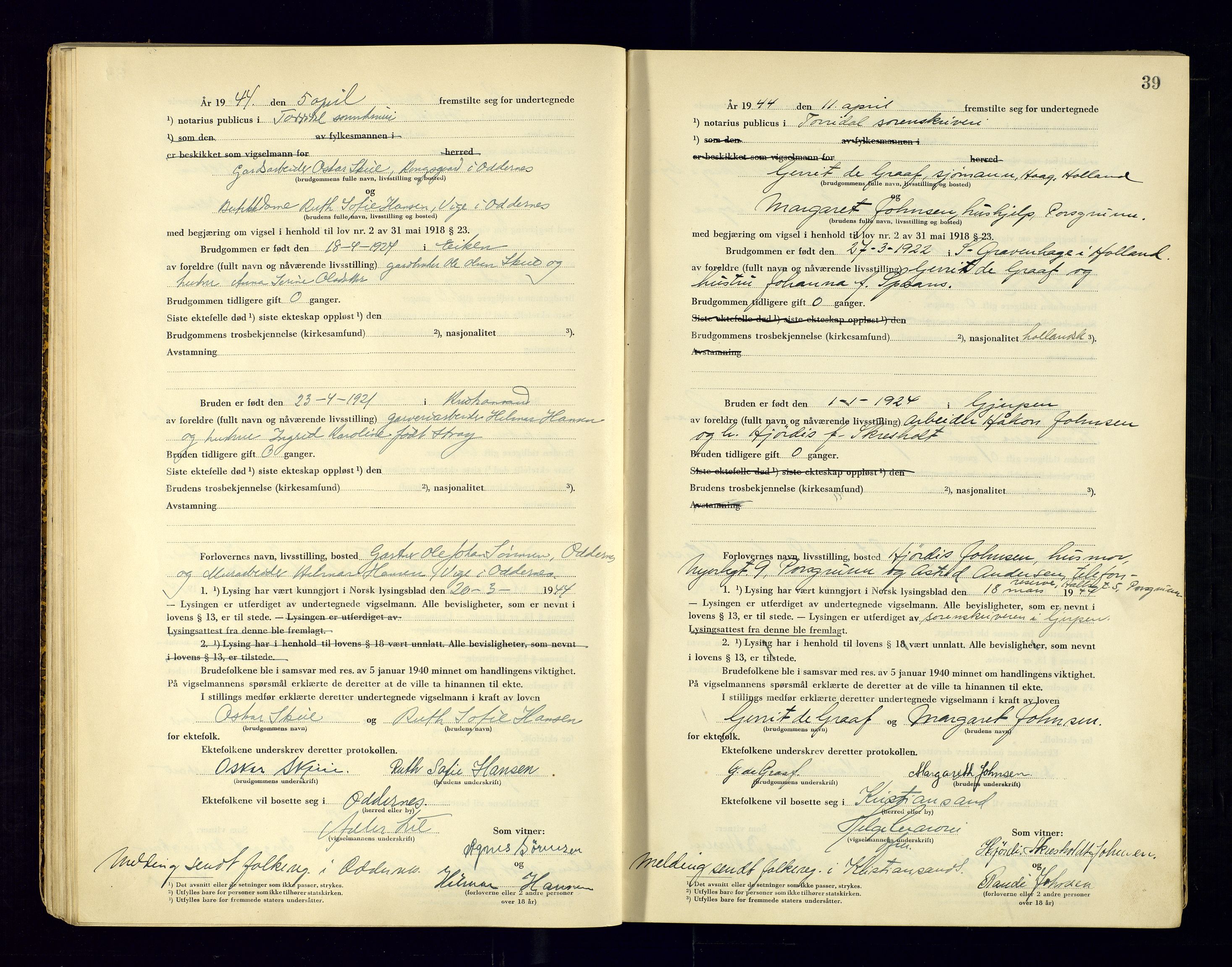 Torridal sorenskriveri, AV/SAK-1221-0012/L/Ld/L0004: Vigselbok nr. 2, 1943-1946, s. 39