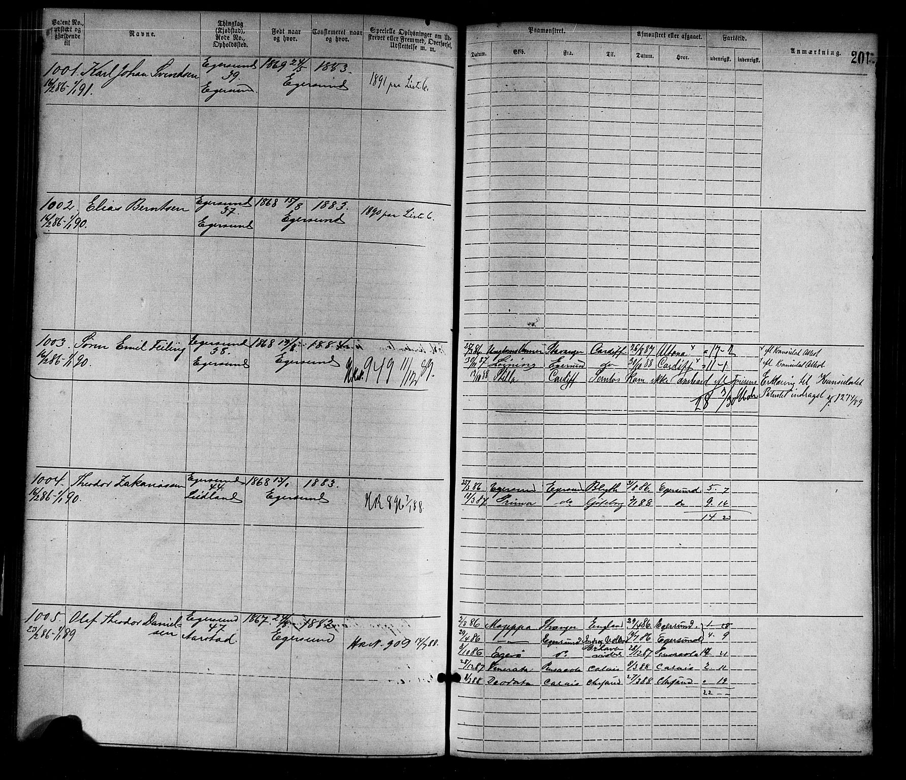 Egersund mønstringskrets, SAK/2031-0019/F/Fa/L0001: Annotasjonsrulle nr 1-1440 med register, O-1, 1869-1895, s. 224