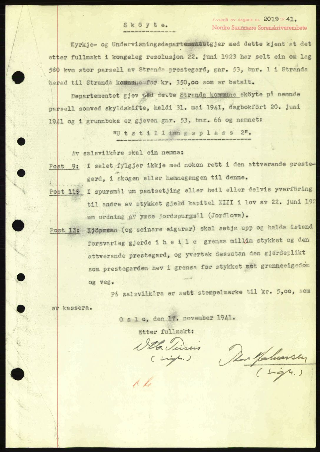 Nordre Sunnmøre sorenskriveri, AV/SAT-A-0006/1/2/2C/2Ca: Pantebok nr. A12, 1941-1942, Dagboknr: 2019/1941