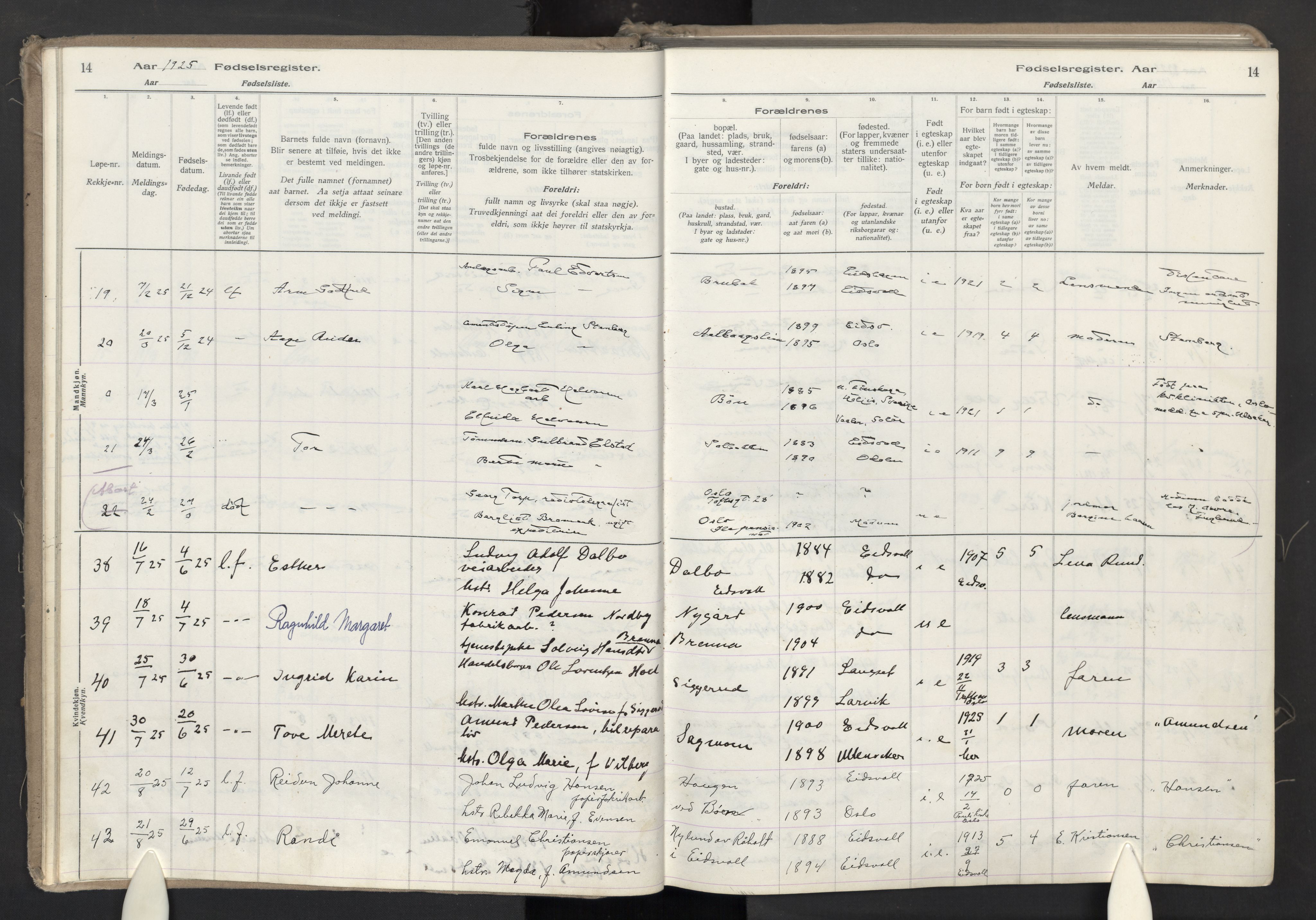Eidsvoll prestekontor Kirkebøker, AV/SAO-A-10888/J/Ja/L0002: Fødselsregister nr. I 2, 1924-1937, s. 14