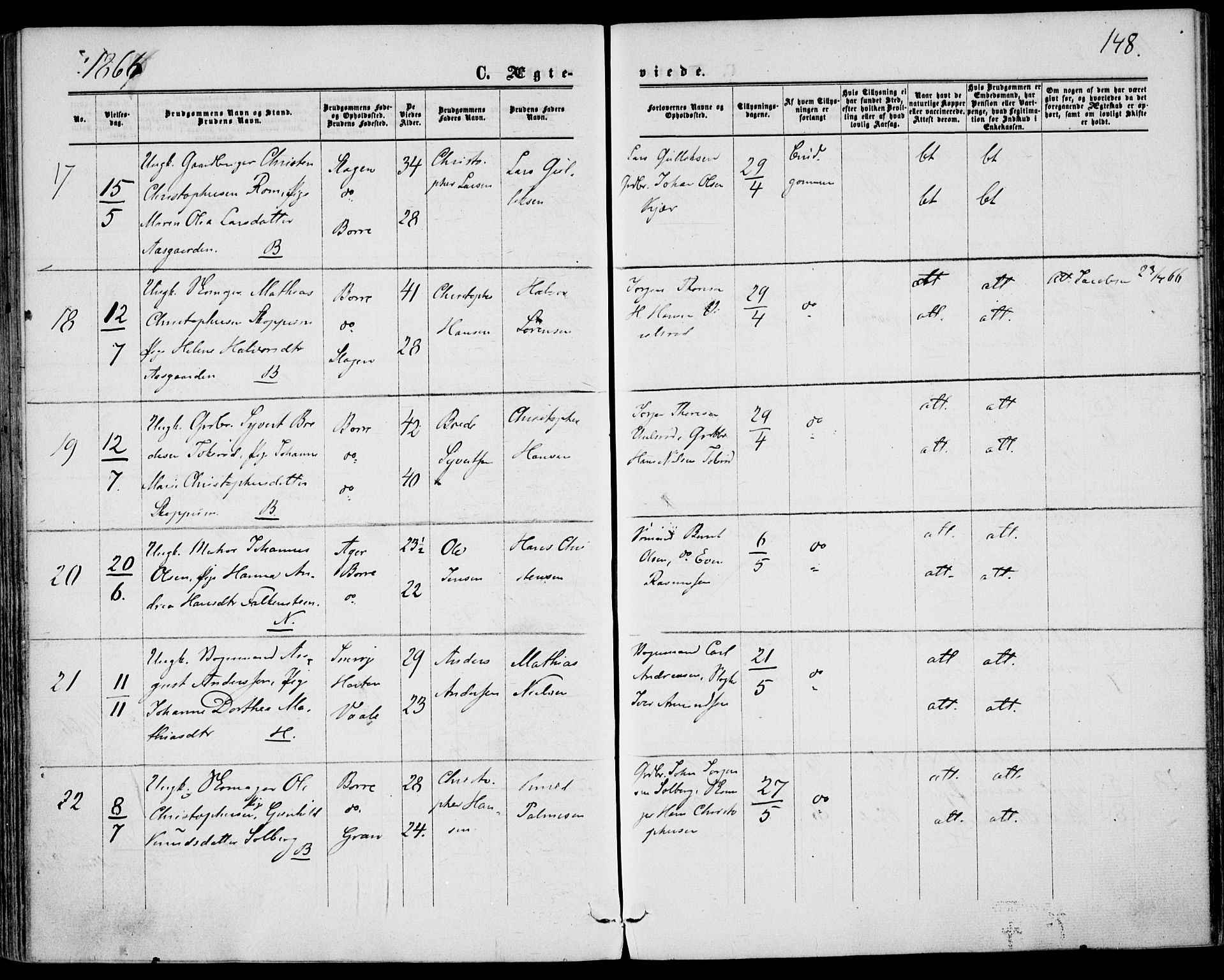 Borre kirkebøker, AV/SAKO-A-338/F/Fa/L0007: Ministerialbok nr. I 7, 1862-1867, s. 148