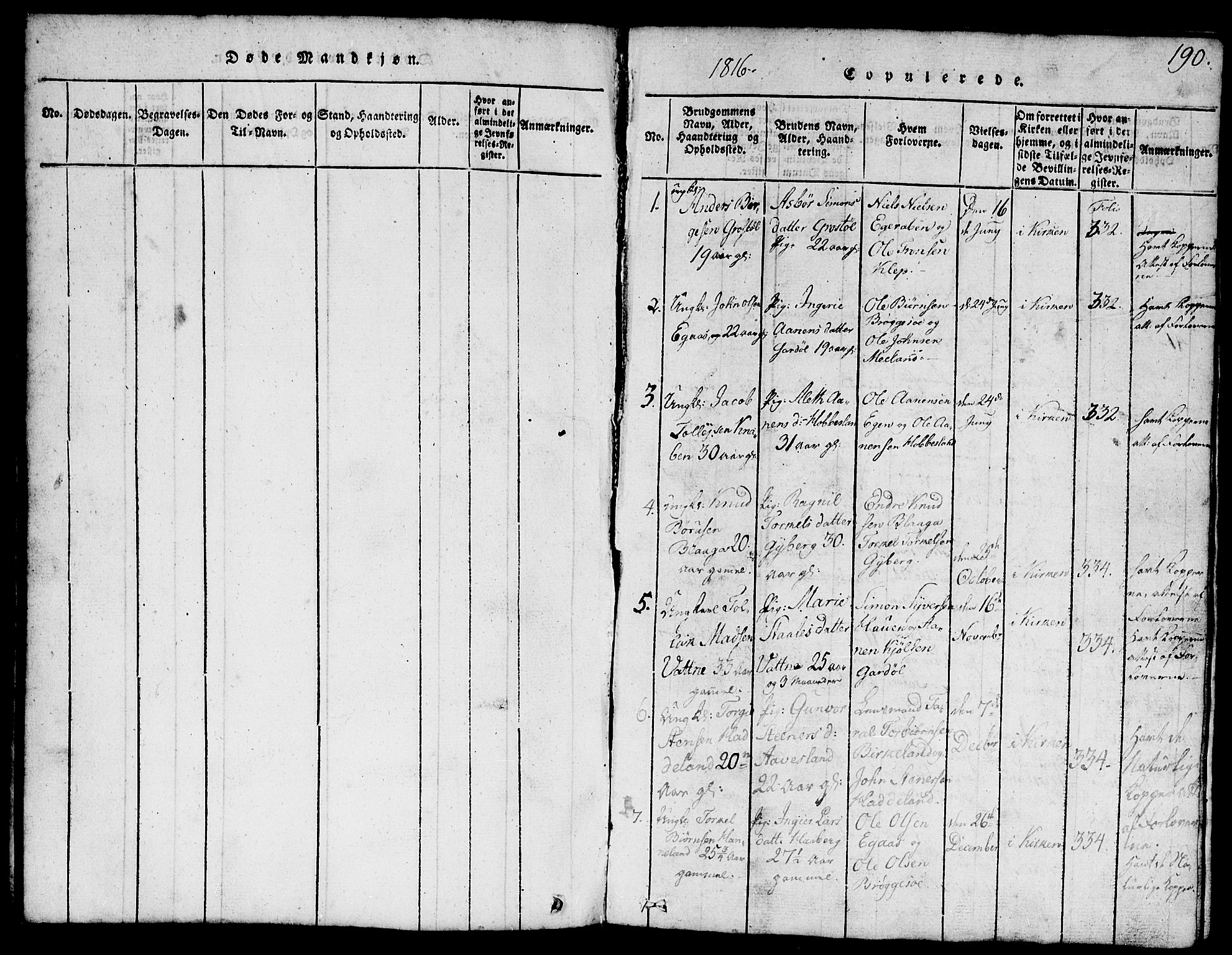 Hægebostad sokneprestkontor, AV/SAK-1111-0024/F/Fb/Fbb/L0001: Klokkerbok nr. B 1, 1816-1850, s. 190