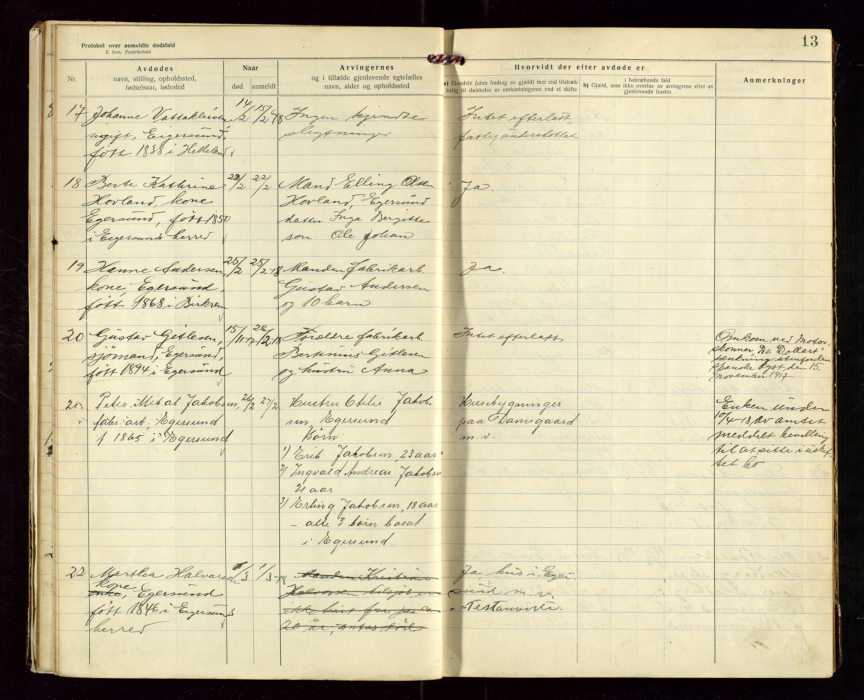 Eigersund lensmannskontor, SAST/A-100171/Gga/L0007: "Protokol over anmeldte dødsfald" m/alfabetisk navneregister, 1917-1920, s. 13