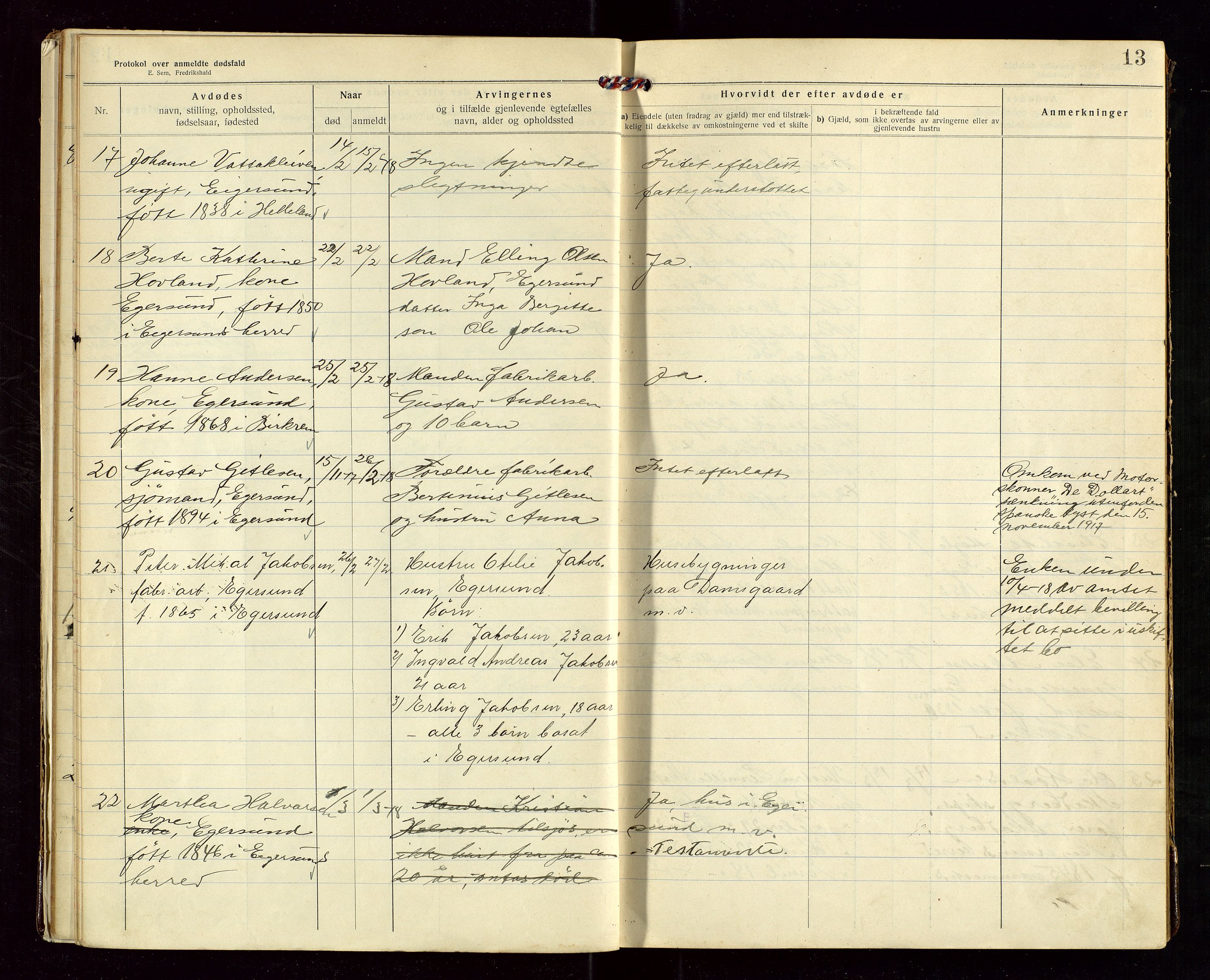 Eigersund lensmannskontor, AV/SAST-A-100171/Gga/L0007: "Protokol over anmeldte dødsfald" m/alfabetisk navneregister, 1917-1920, s. 13