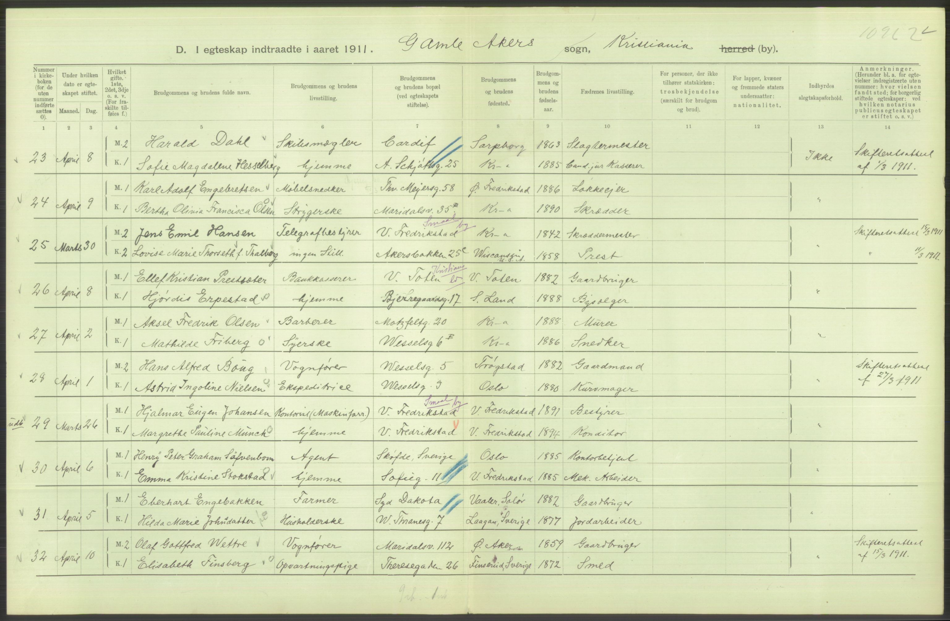 Statistisk sentralbyrå, Sosiodemografiske emner, Befolkning, AV/RA-S-2228/D/Df/Dfb/Dfba/L0008: Kristiania: Gifte, 1911, s. 624
