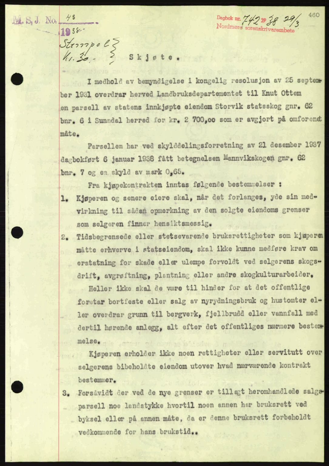 Nordmøre sorenskriveri, SAT/A-4132/1/2/2Ca: Pantebok nr. A83, 1938-1938, Dagboknr: 742/1938