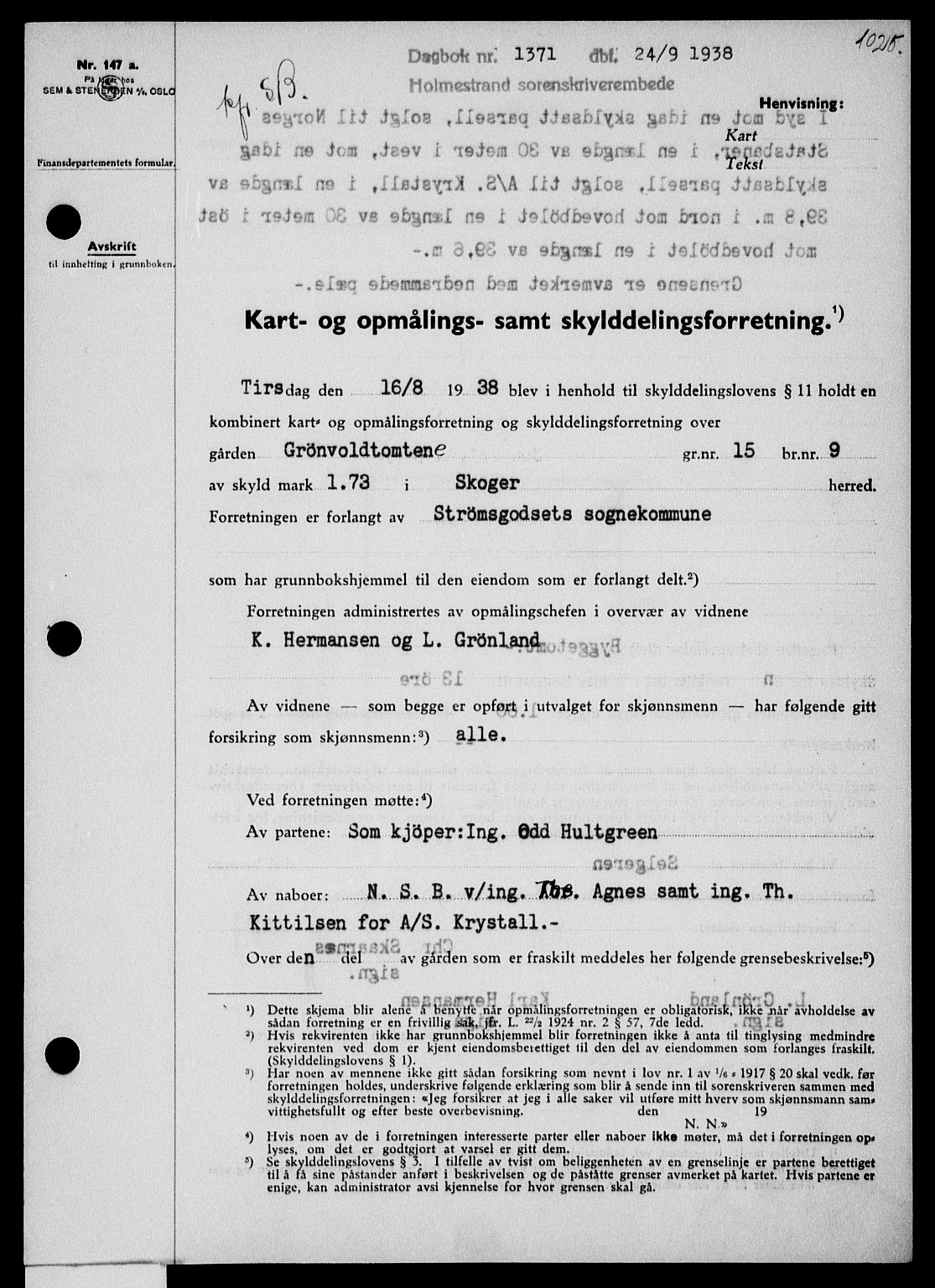 Holmestrand sorenskriveri, SAKO/A-67/G/Ga/Gaa/L0049: Pantebok nr. A-49, 1937-1938, Dagboknr: 1371/1938