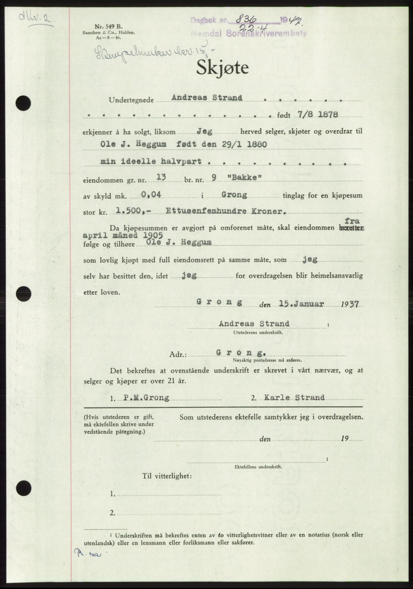 Namdal sorenskriveri, SAT/A-4133/1/2/2C: Pantebok nr. -, 1947-1947, Dagboknr: 836/1947