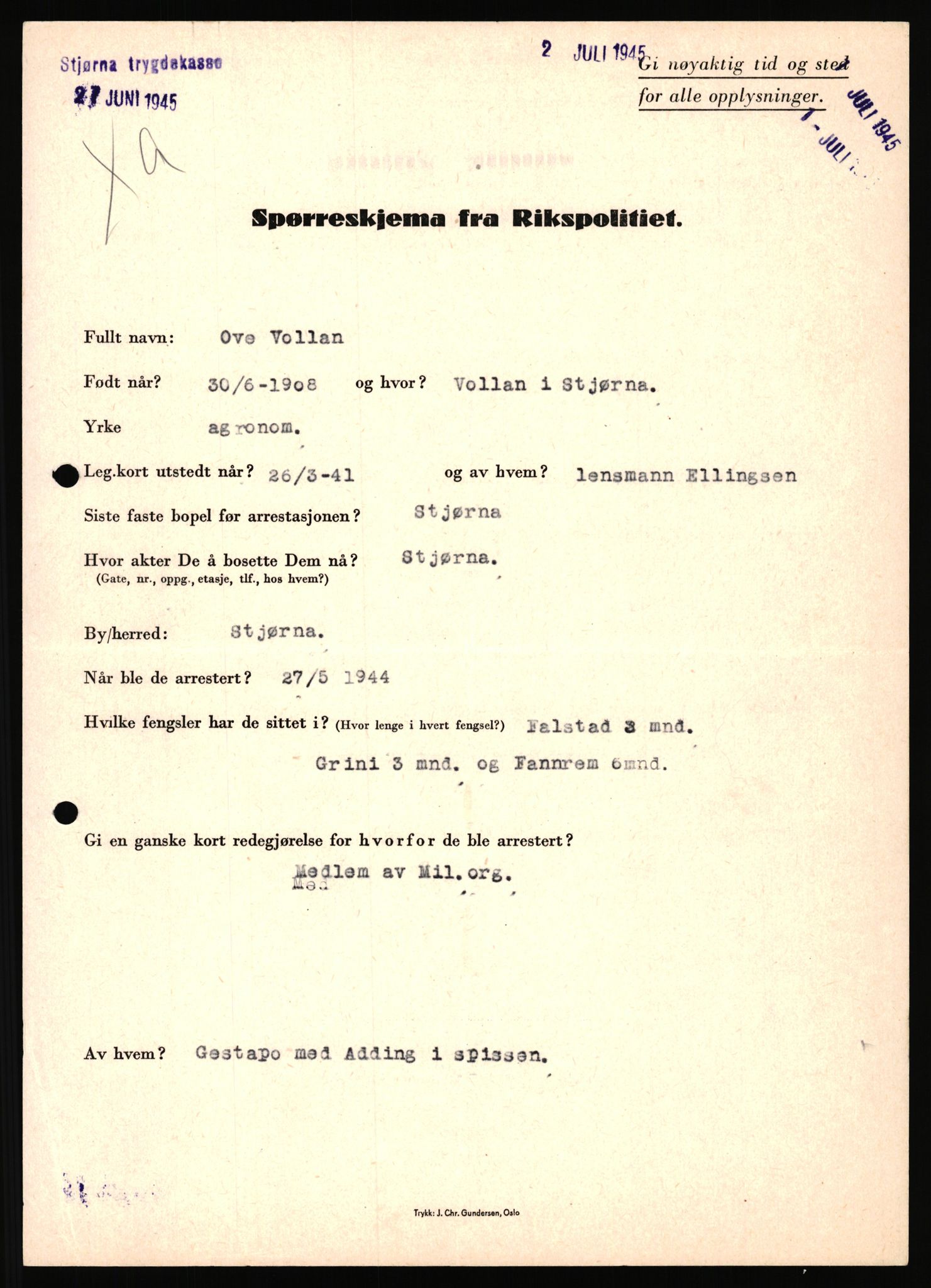 Rikspolitisjefen, AV/RA-S-1560/L/L0018: Wiborg, Bjarne Sigurd - Aavern, Reidar, 1940-1945, s. 297