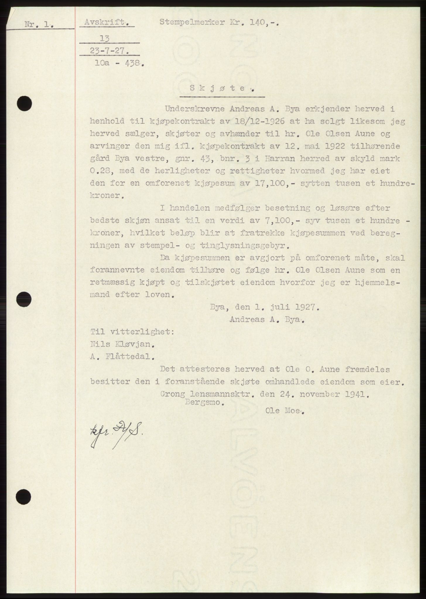 Namdal sorenskriveri, SAT/A-4133/1/2/2C: Pantebok nr. -, 1926-1930, Tingl.dato: 23.07.1927