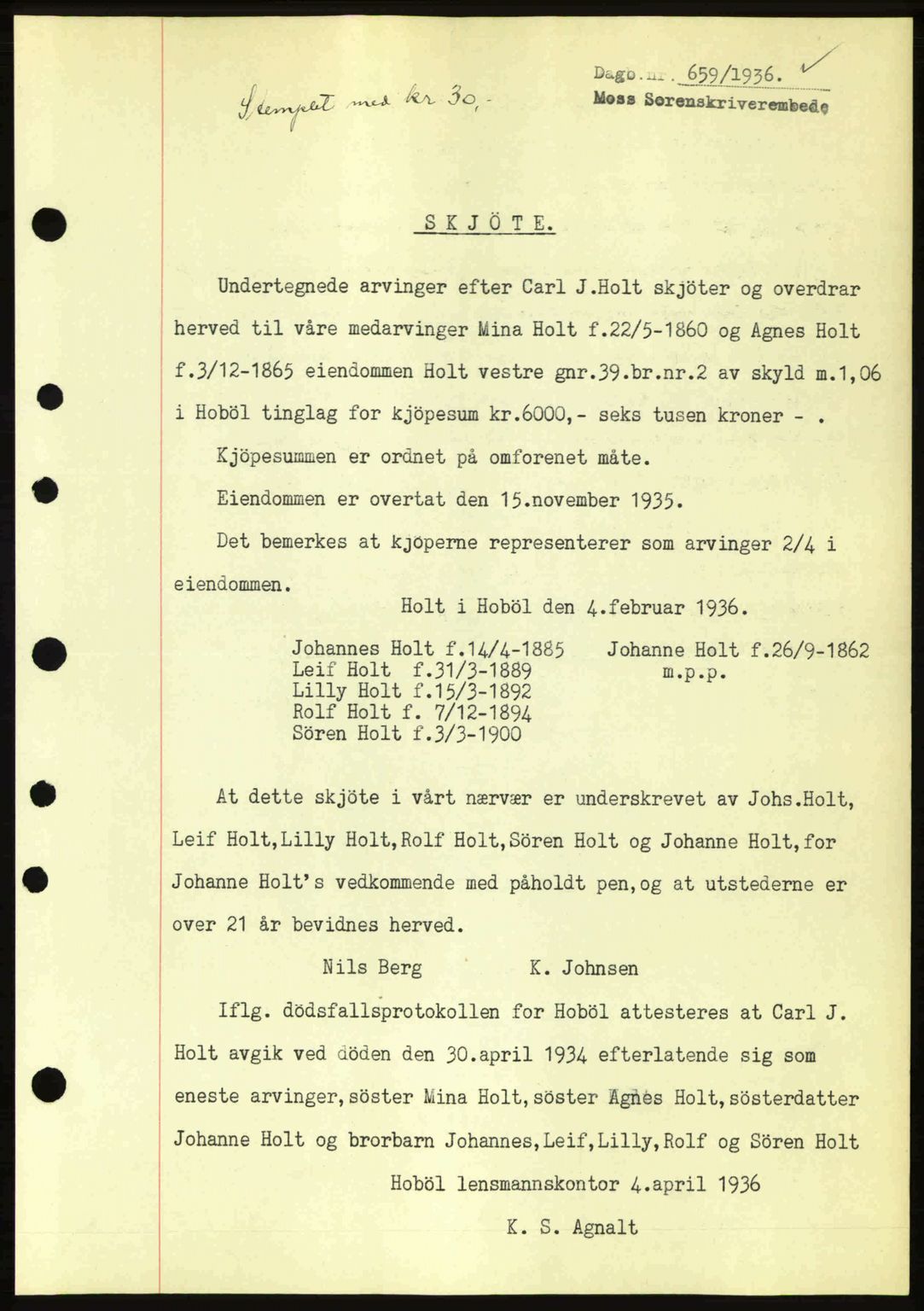 Moss sorenskriveri, SAO/A-10168: Pantebok nr. A1, 1936-1936, Dagboknr: 659/1936