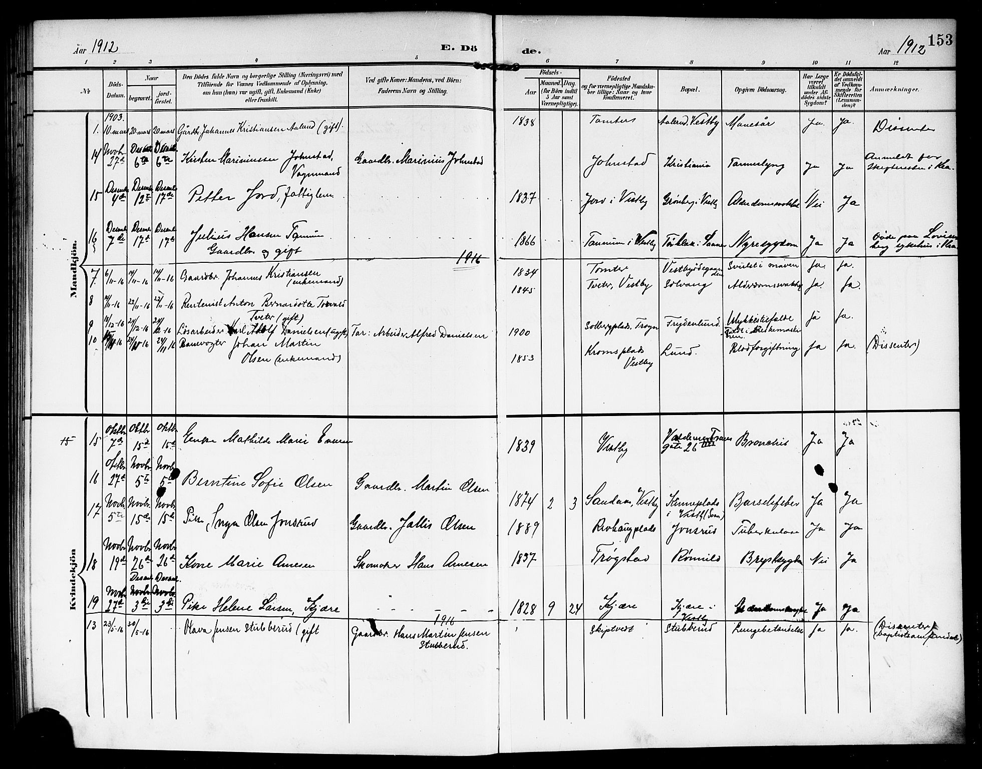 Vestby prestekontor Kirkebøker, AV/SAO-A-10893/G/Ga/L0002: Klokkerbok nr. I 2, 1903-1916, s. 153