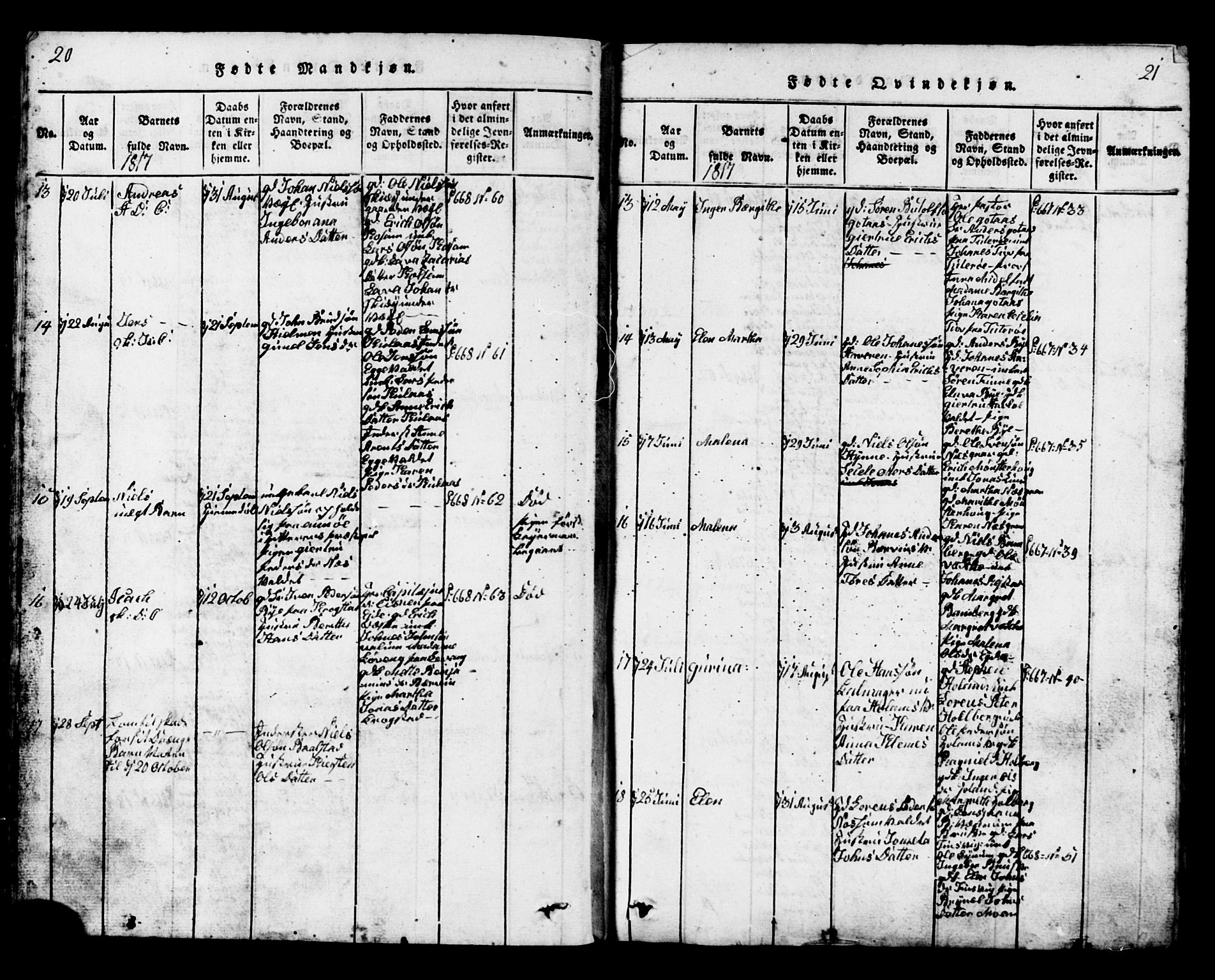 Ministerialprotokoller, klokkerbøker og fødselsregistre - Nord-Trøndelag, AV/SAT-A-1458/717/L0169: Klokkerbok nr. 717C01, 1816-1834, s. 20-21