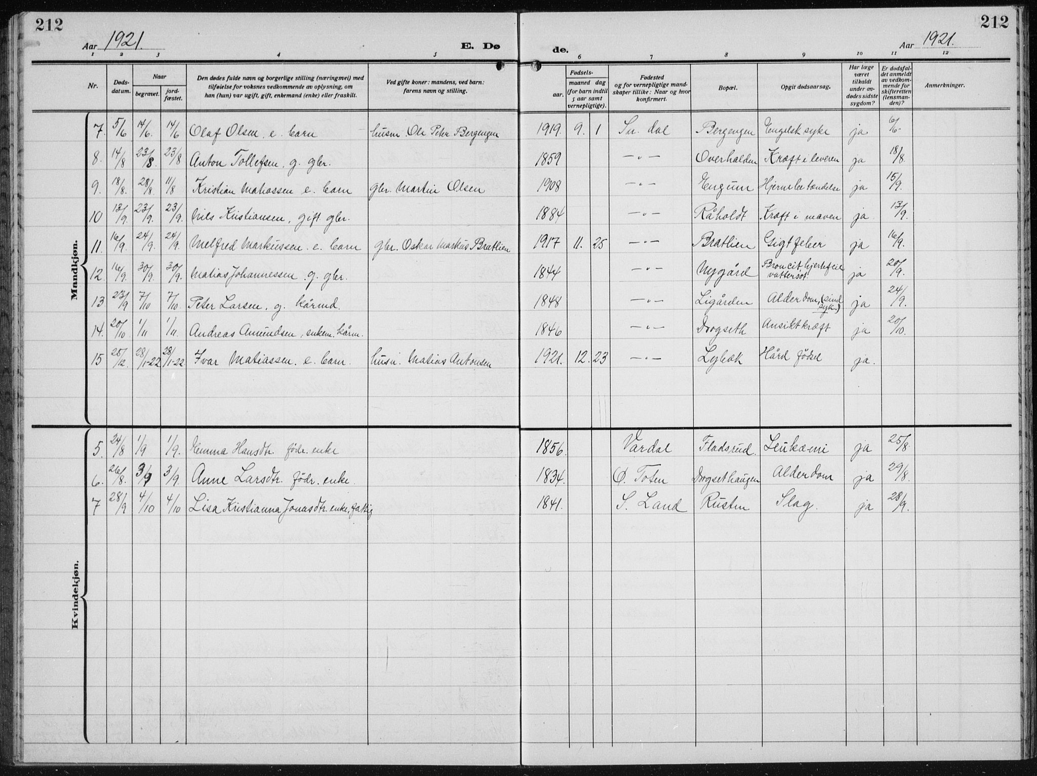 Biri prestekontor, SAH/PREST-096/H/Ha/Hab/L0007: Klokkerbok nr. 7, 1919-1941, s. 212