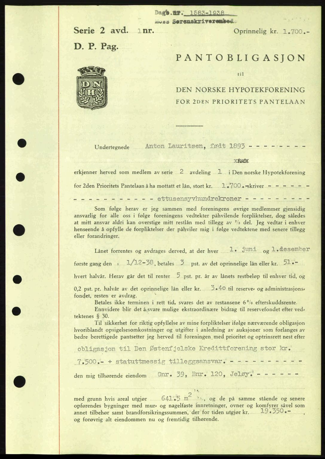 Moss sorenskriveri, SAO/A-10168: Pantebok nr. B6, 1938-1938, Dagboknr: 1583/1938