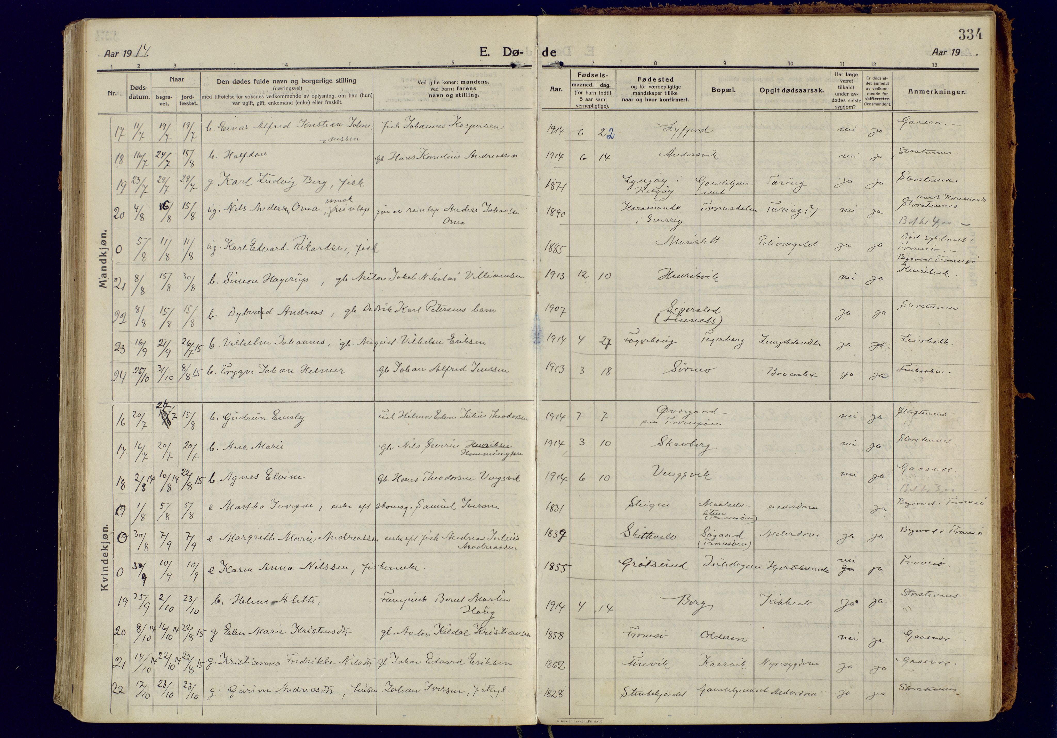 Tromsøysund sokneprestkontor, AV/SATØ-S-1304/G/Ga/L0008kirke: Ministerialbok nr. 8, 1914-1922, s. 334