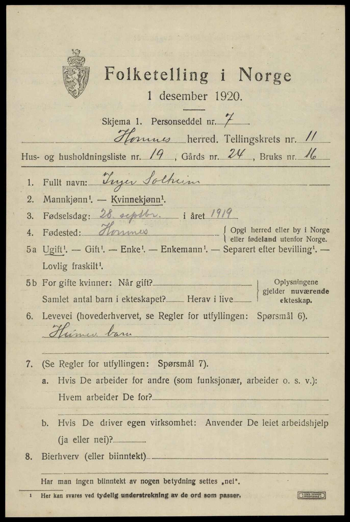 SAK, Folketelling 1920 for 0936 Hornnes herred, 1920, s. 2875