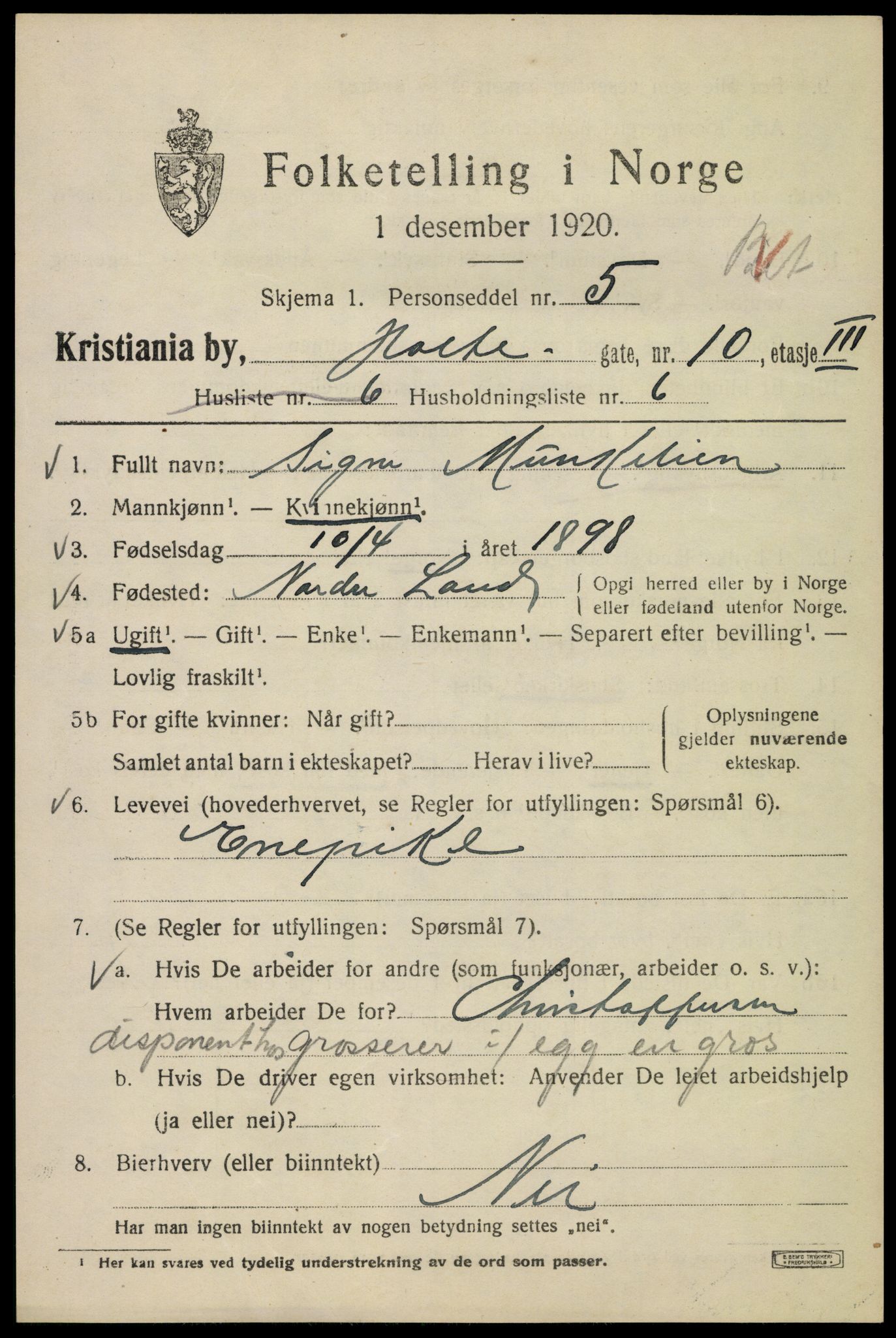 SAO, Folketelling 1920 for 0301 Kristiania kjøpstad, 1920, s. 298243