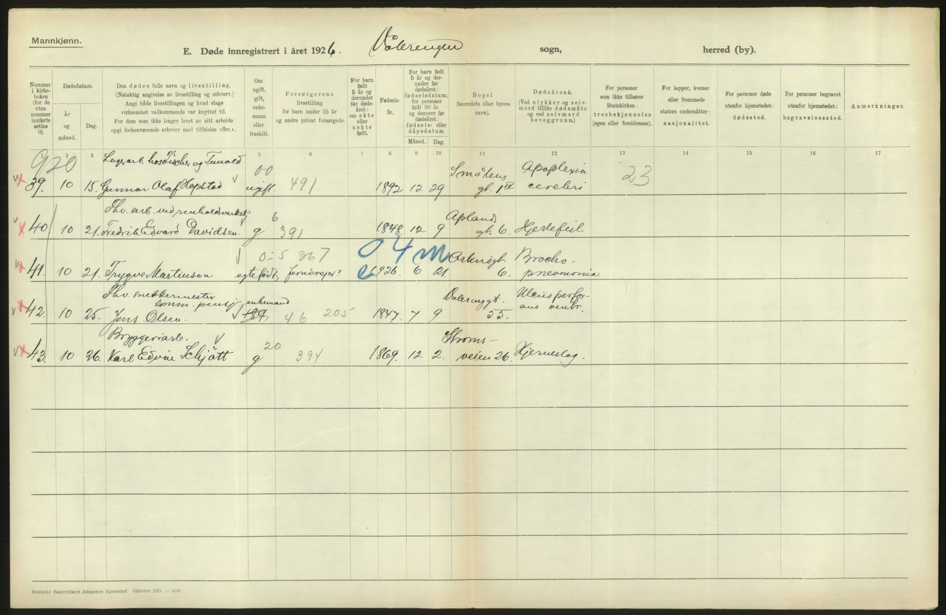 Statistisk sentralbyrå, Sosiodemografiske emner, Befolkning, AV/RA-S-2228/D/Df/Dfc/Dfcf/L0009: Oslo: Døde menn, 1926, s. 356