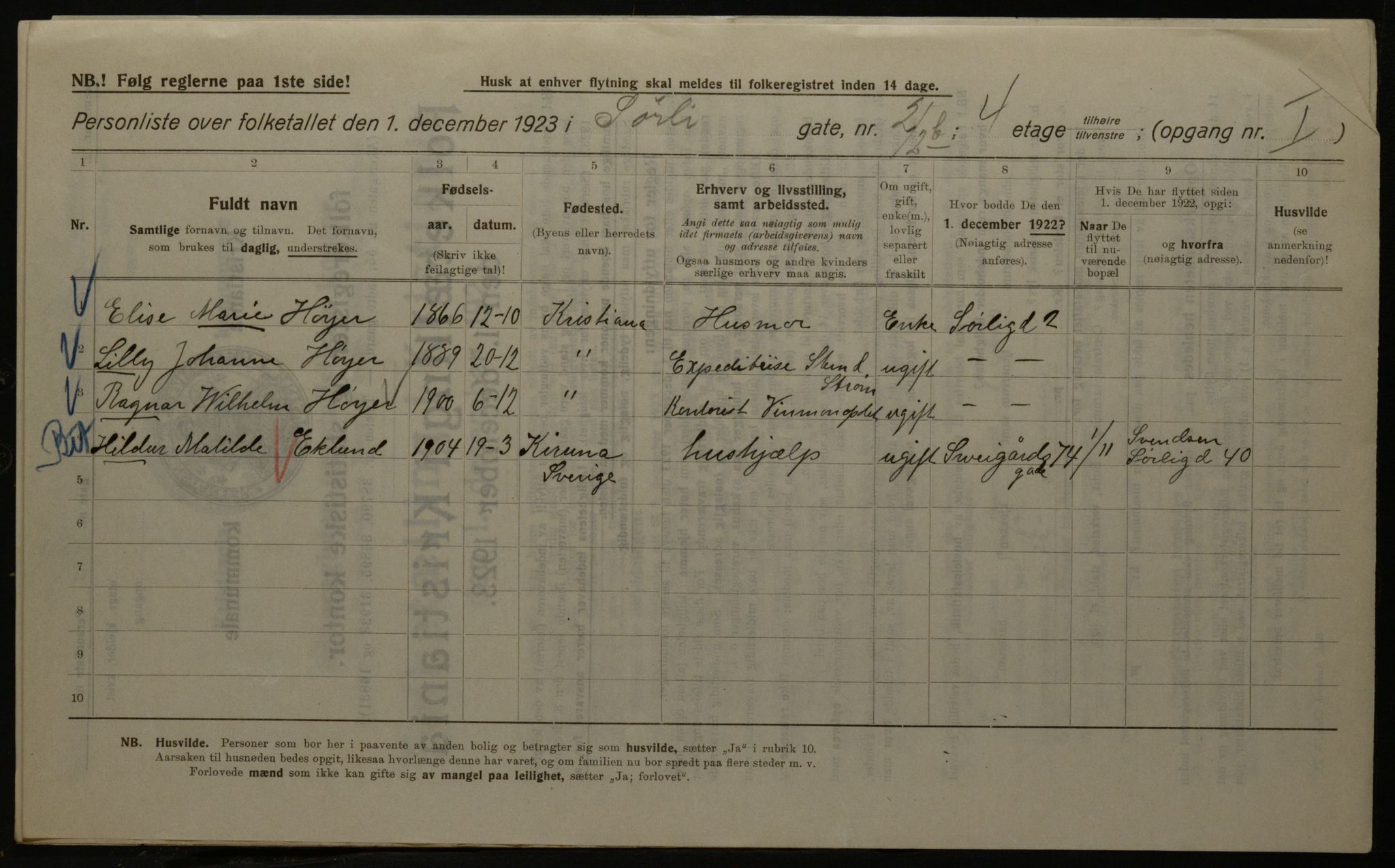 OBA, Kommunal folketelling 1.12.1923 for Kristiania, 1923, s. 117855