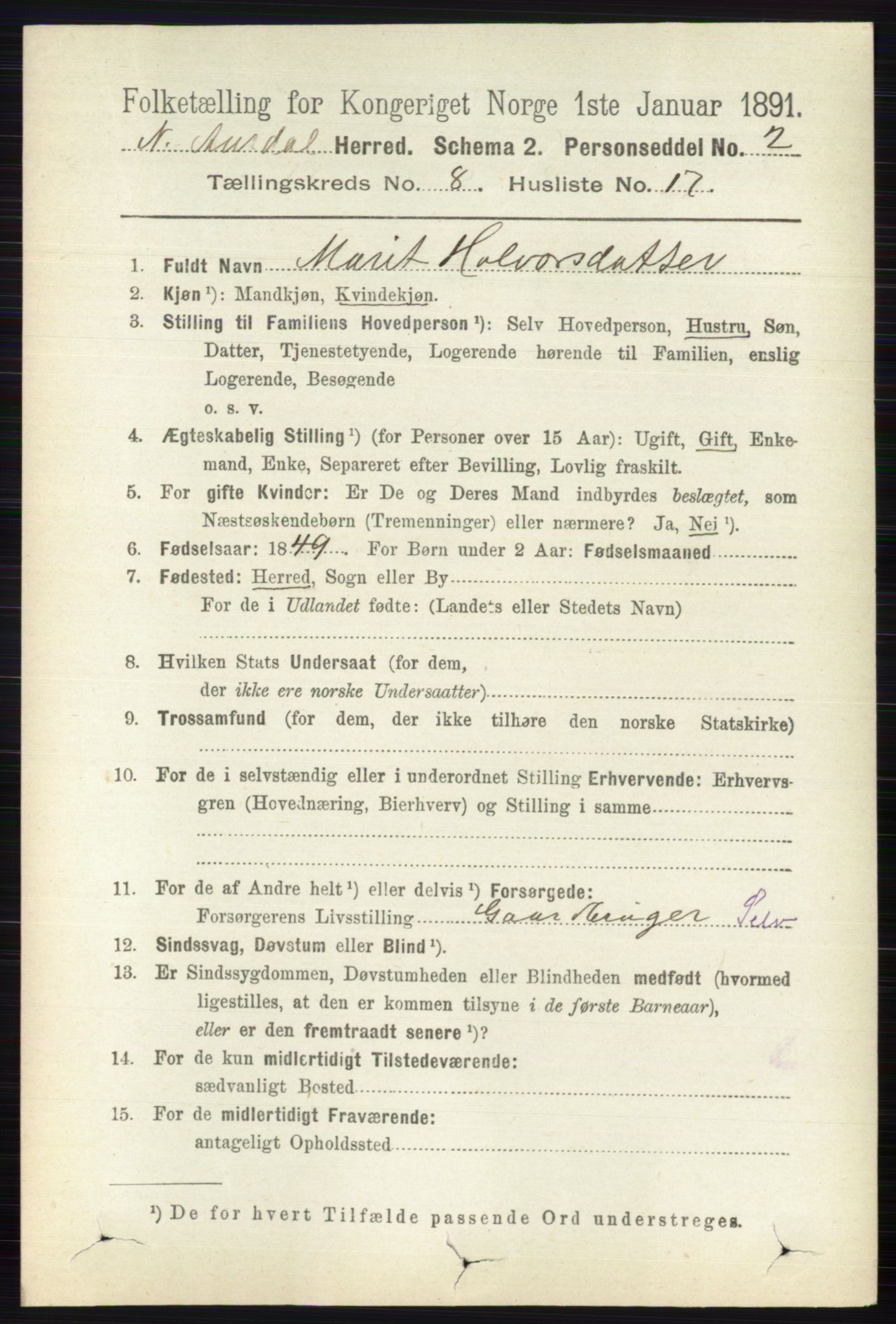 RA, Folketelling 1891 for 0542 Nord-Aurdal herred, 1891, s. 2903