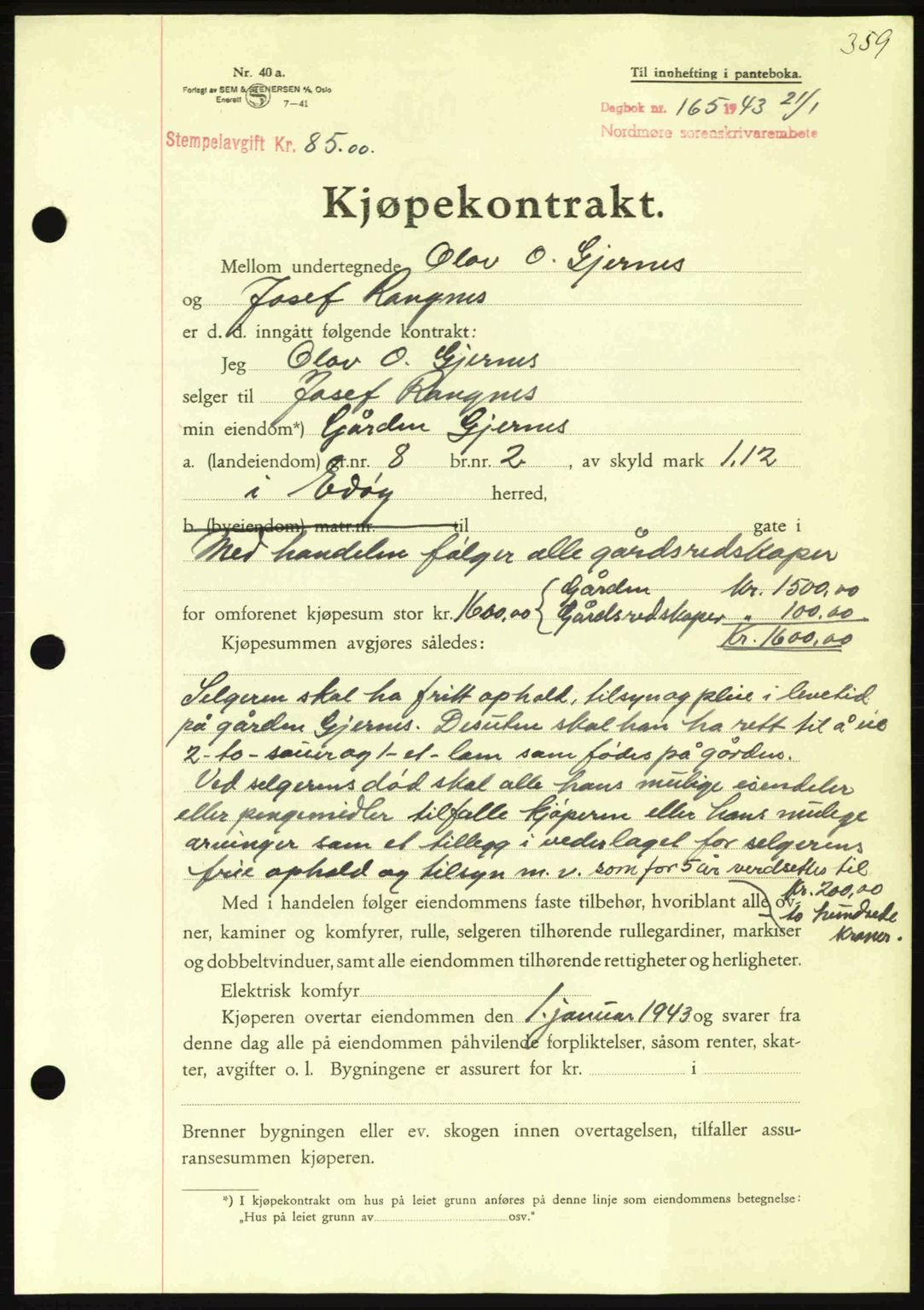 Nordmøre sorenskriveri, SAT/A-4132/1/2/2Ca: Pantebok nr. B90, 1942-1943, Dagboknr: 165/1943