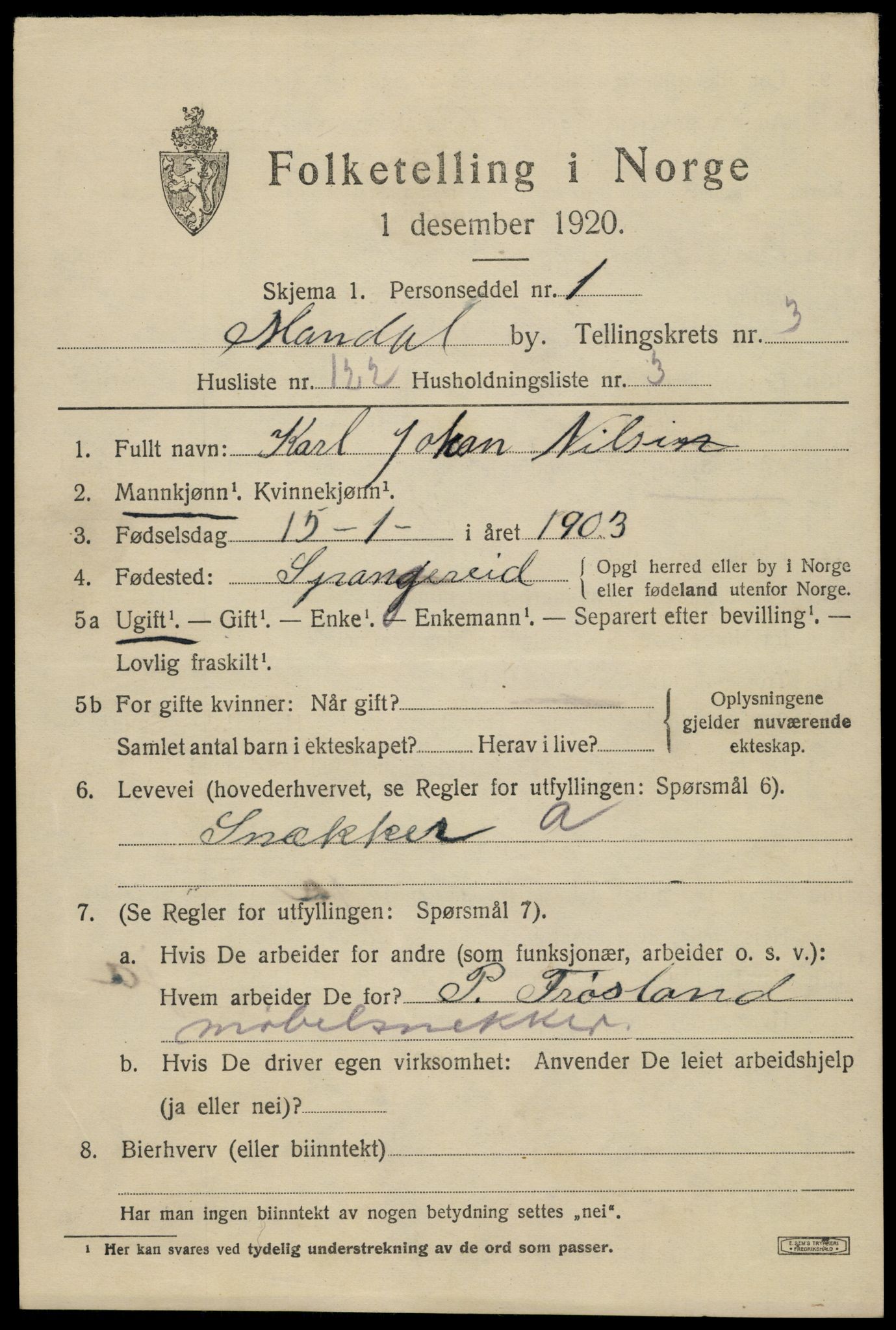 SAK, Folketelling 1920 for 1002 Mandal ladested, 1920, s. 6835
