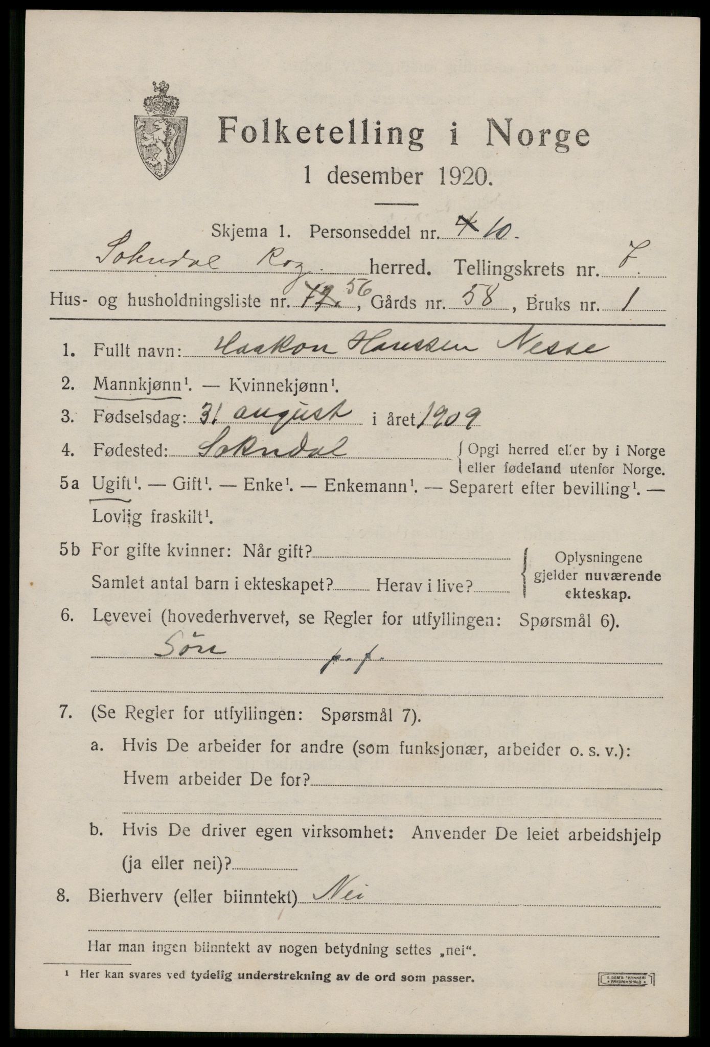 SAST, Folketelling 1920 for 1111 Sokndal herred, 1920, s. 4803