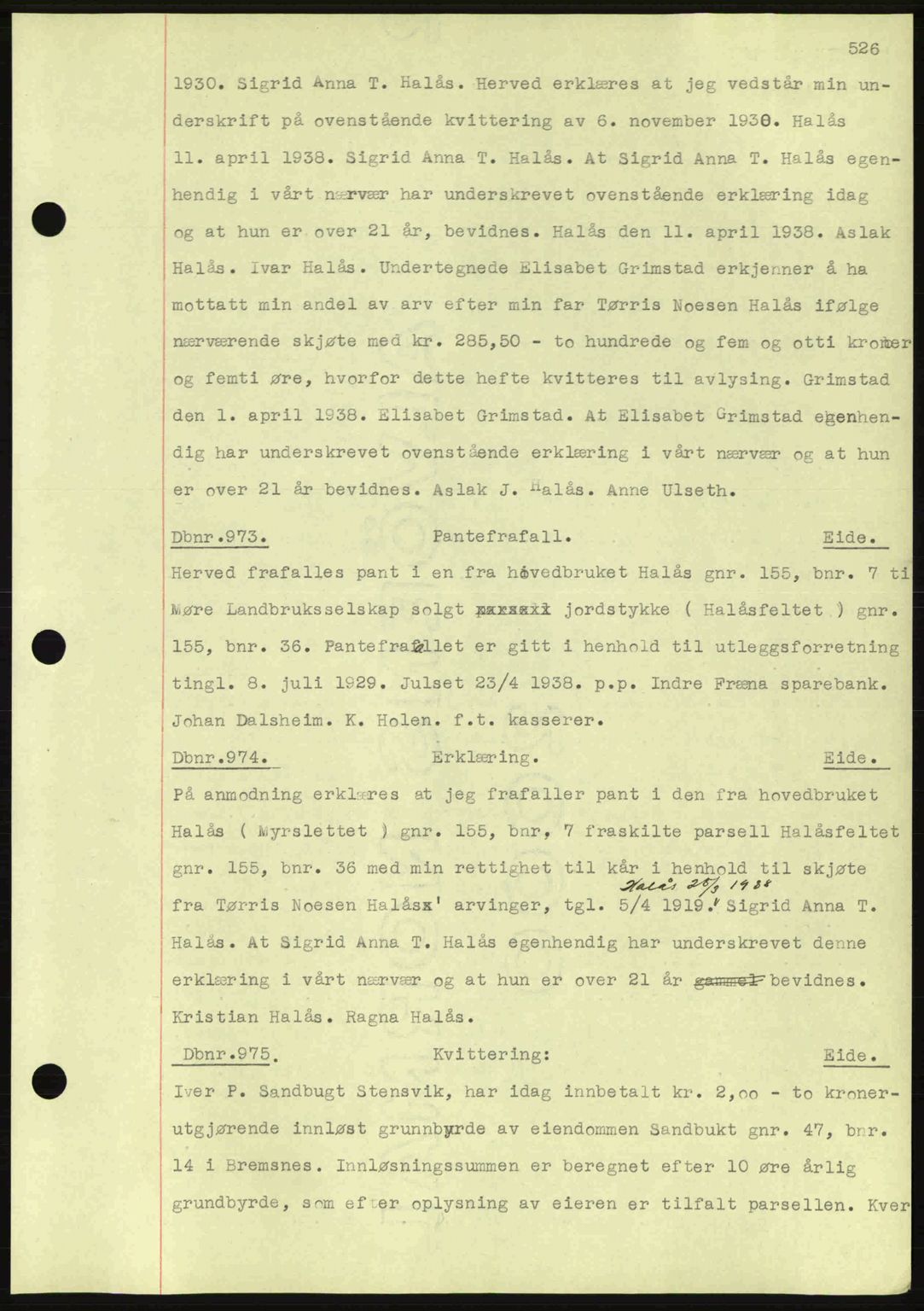 Nordmøre sorenskriveri, SAT/A-4132/1/2/2Ca: Pantebok nr. C80, 1936-1939, Dagboknr: 973/1938