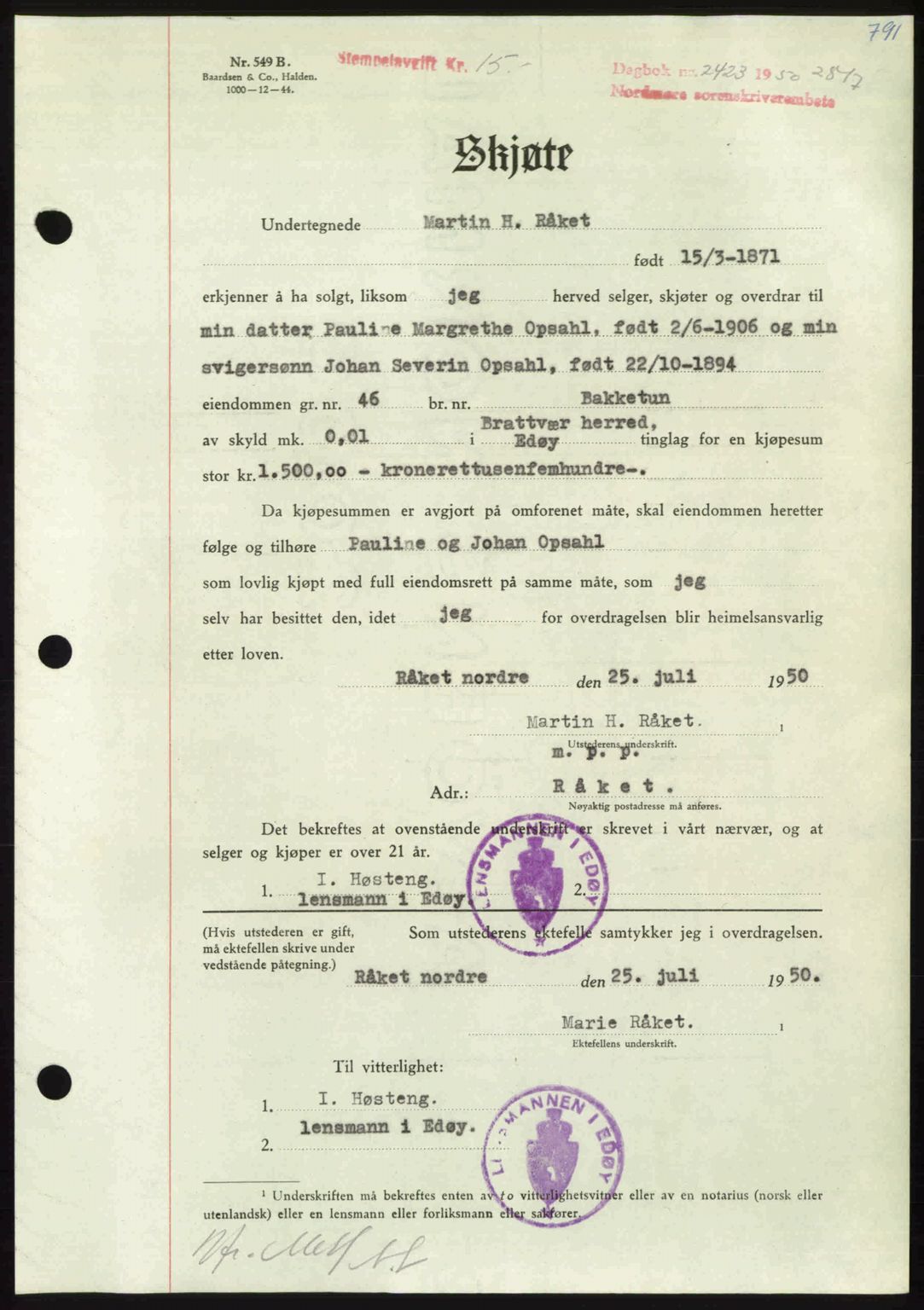 Nordmøre sorenskriveri, SAT/A-4132/1/2/2Ca: Pantebok nr. A115, 1950-1950, Dagboknr: 2423/1950