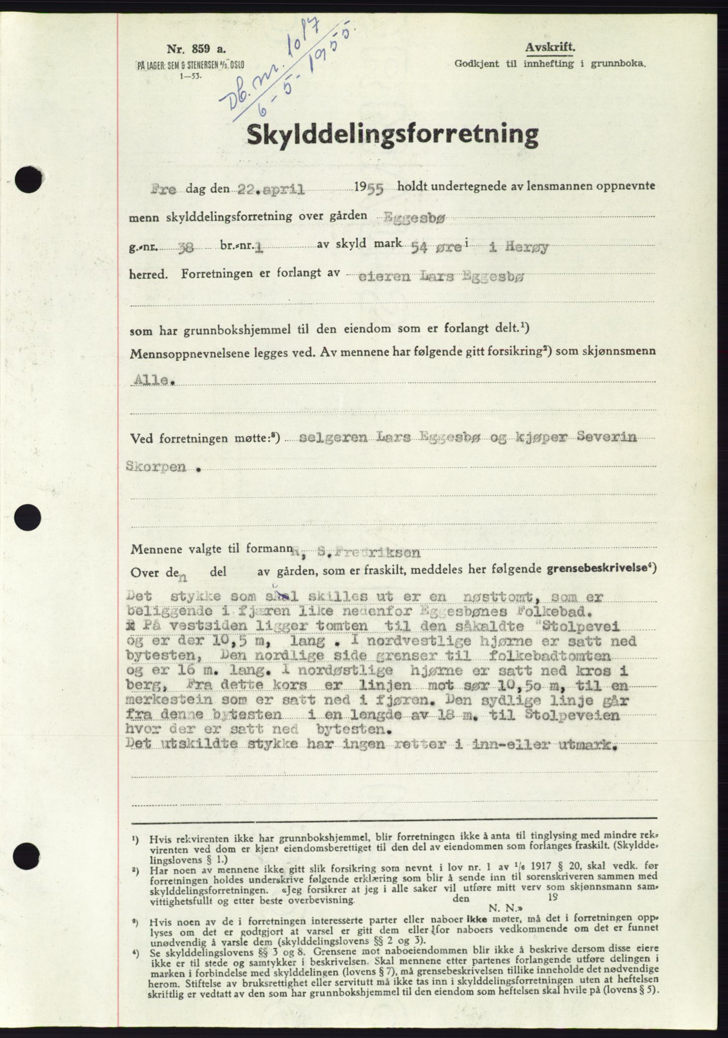 Søre Sunnmøre sorenskriveri, AV/SAT-A-4122/1/2/2C/L0100: Pantebok nr. 26A, 1954-1955, Dagboknr: 1017/1955