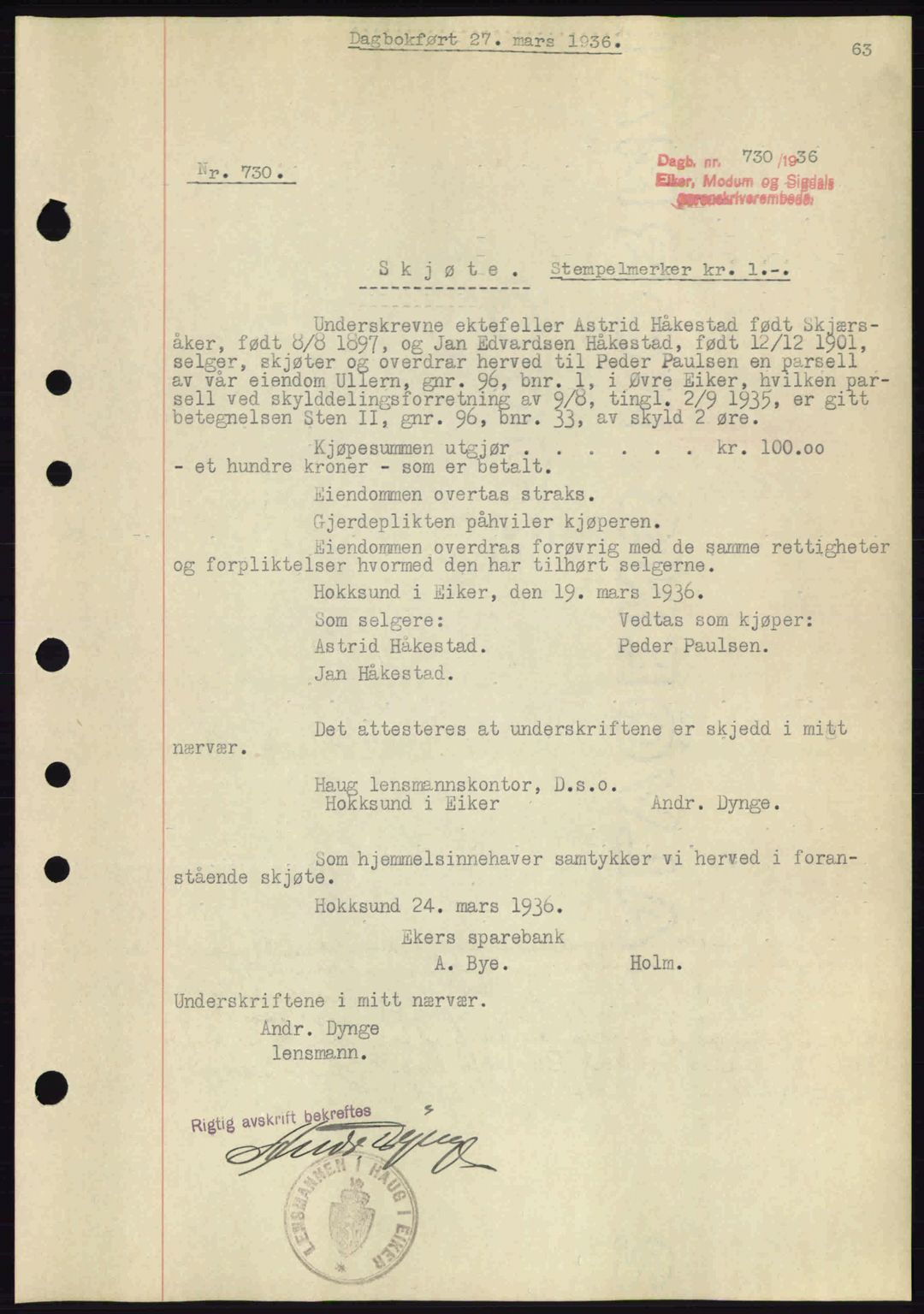 Eiker, Modum og Sigdal sorenskriveri, SAKO/A-123/G/Ga/Gab/L0032: Pantebok nr. A2, 1936-1936, Dagboknr: 730/1936