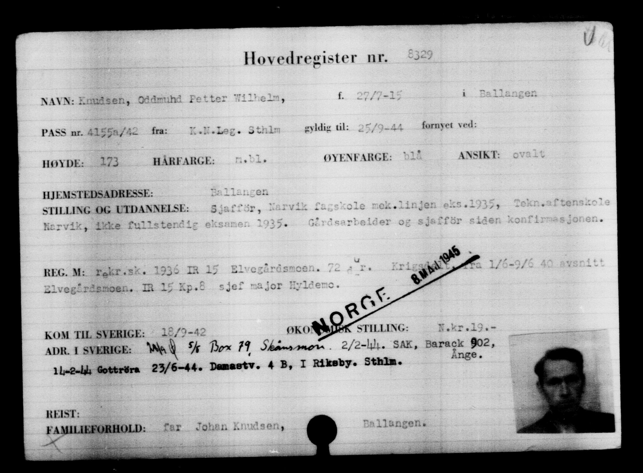 Utenriksstasjonene, Legasjonen i Stockholm, Flyktningkontoret, AV/RA-S-6753/V/Va/L0005: Kjesäterkartoteket, flyktninger med registreringsnr. 6600-9417, 1940-1945, s. 2006