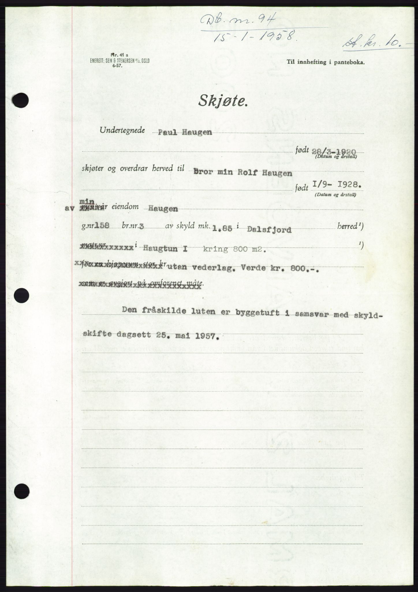 Søre Sunnmøre sorenskriveri, AV/SAT-A-4122/1/2/2C/L0108: Pantebok nr. 34A, 1957-1958, Dagboknr: 94/1958