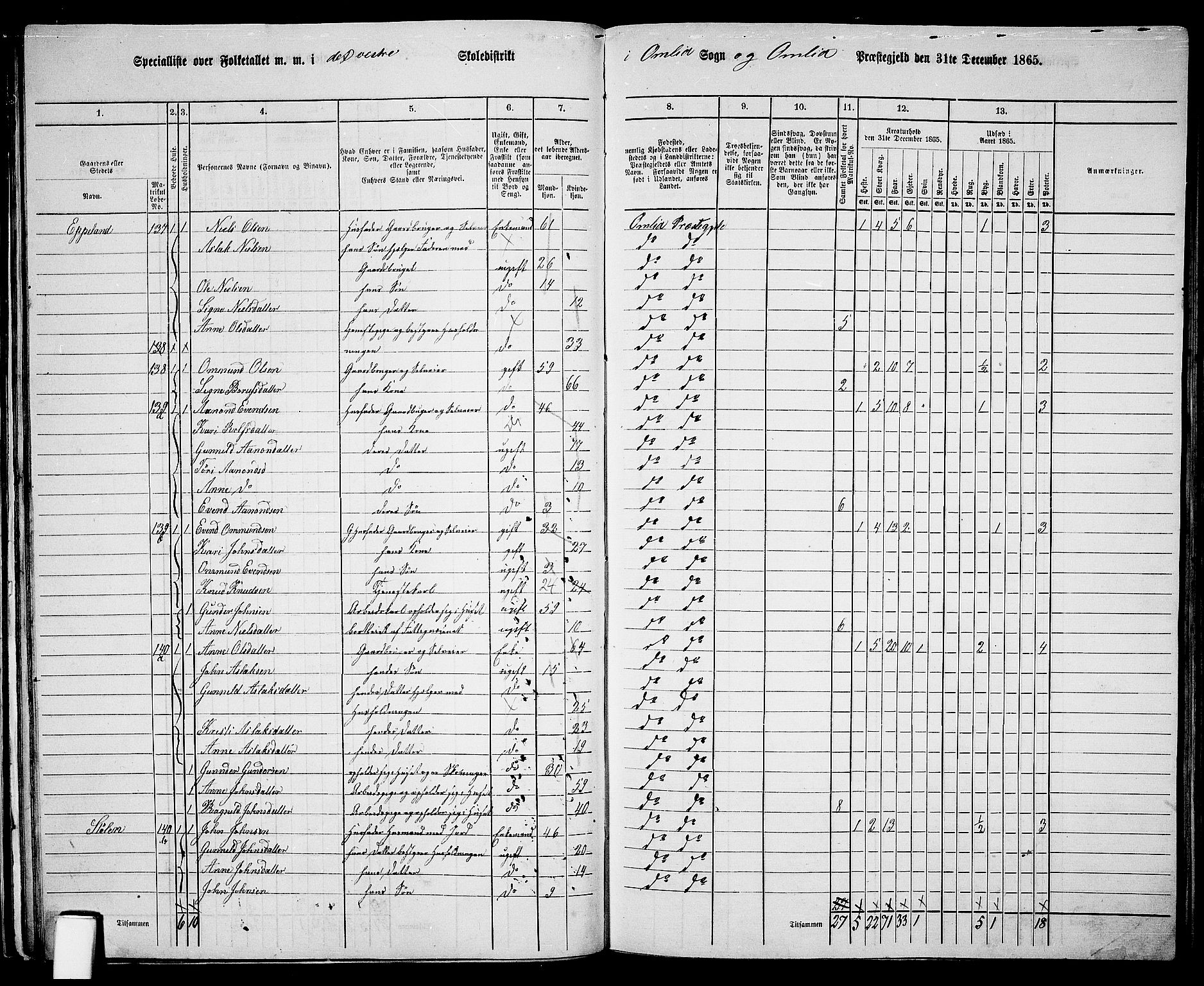 RA, Folketelling 1865 for 0929P Åmli prestegjeld, 1865, s. 44