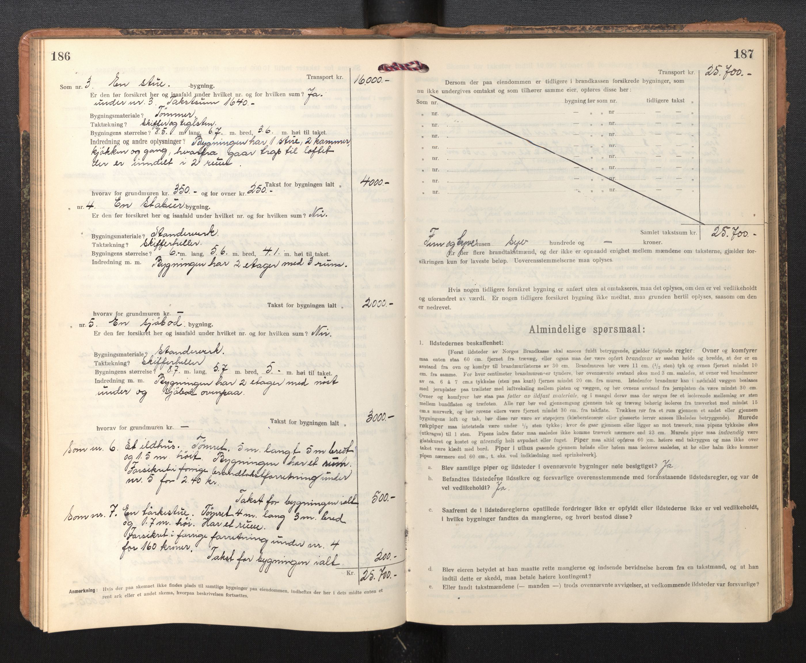 Lensmannen i Leikanger, AV/SAB-A-29201/0012/L0006: Branntakstprotokoll, skjematakst, 1920-1926, s. 186-187