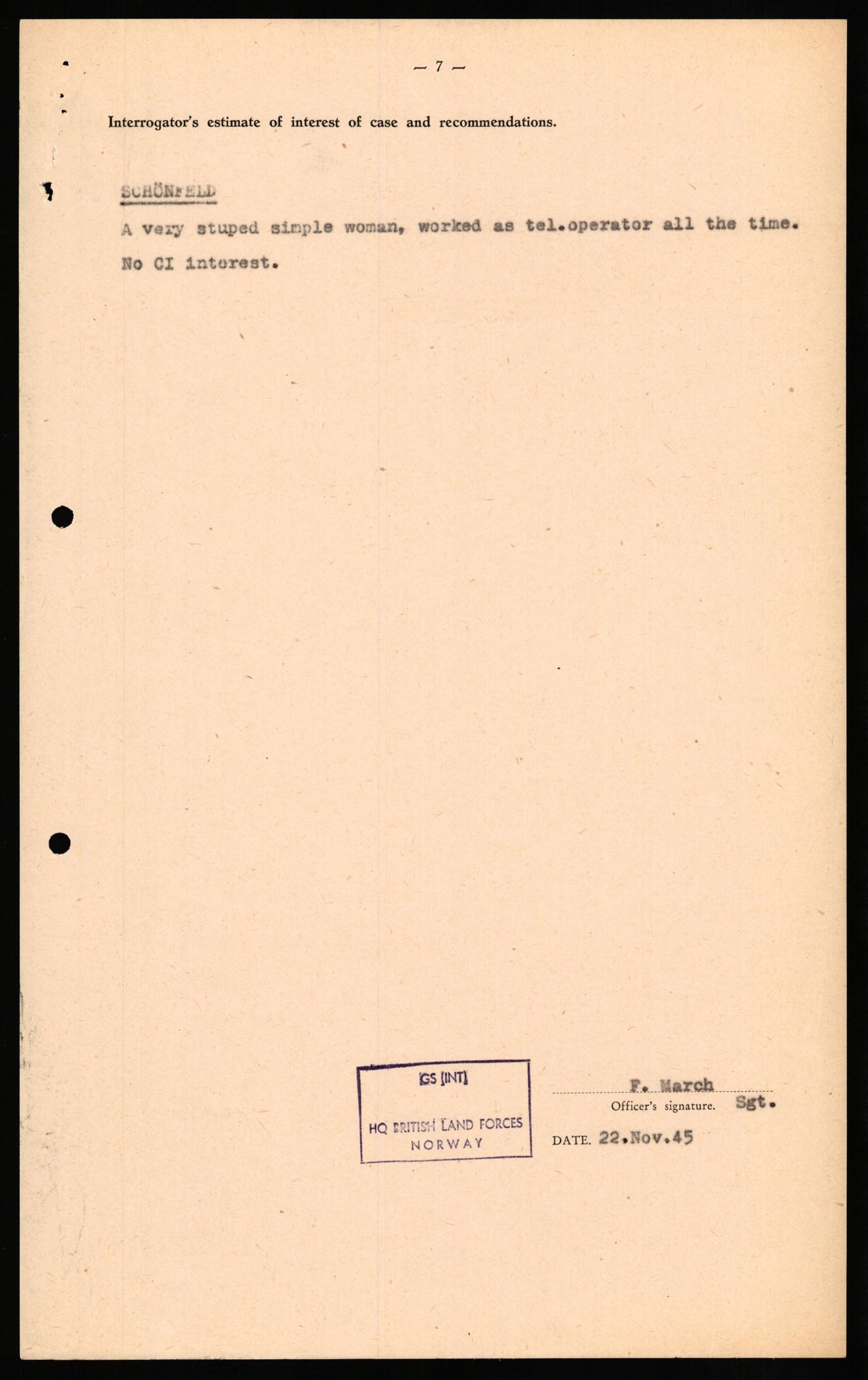 Forsvaret, Forsvarets overkommando II, RA/RAFA-3915/D/Db/L0030: CI Questionaires. Tyske okkupasjonsstyrker i Norge. Tyskere., 1945-1946, s. 104