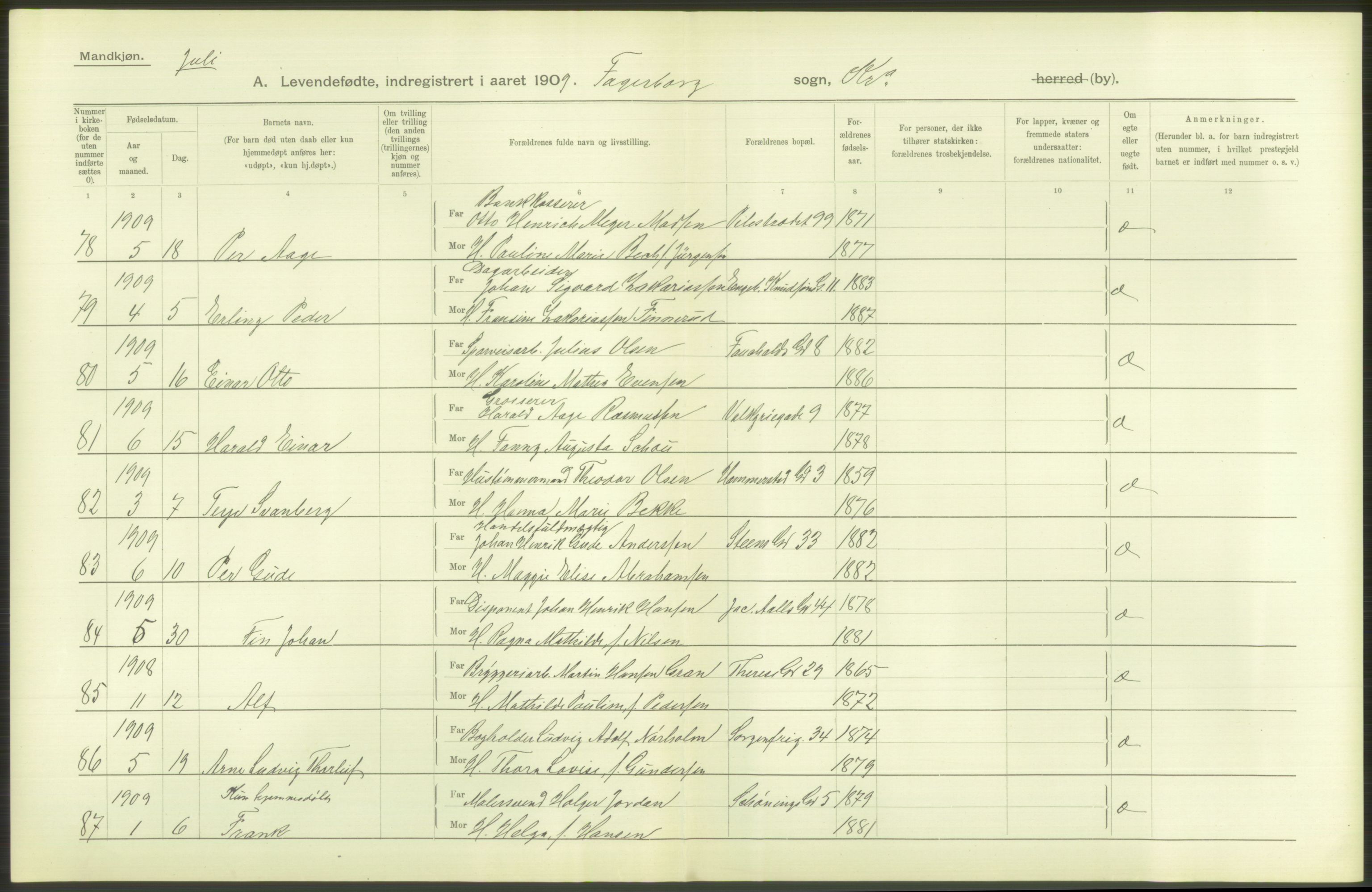 Statistisk sentralbyrå, Sosiodemografiske emner, Befolkning, AV/RA-S-2228/D/Df/Dfa/Dfag/L0007: Kristiania: Levendefødte menn og kvinner., 1909, s. 86