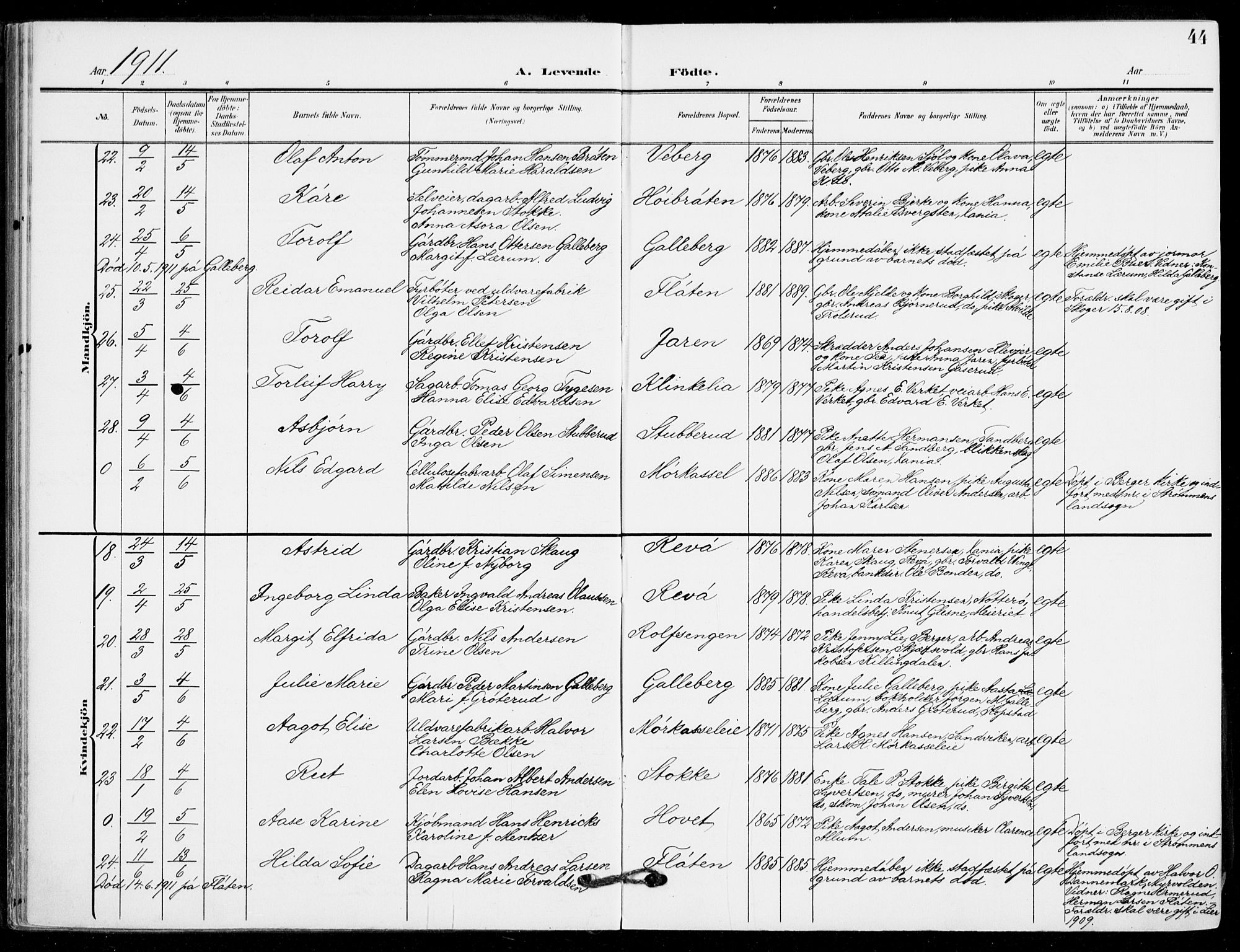 Sande Kirkebøker, AV/SAKO-A-53/F/Fa/L0008: Ministerialbok nr. 8, 1904-1921, s. 44